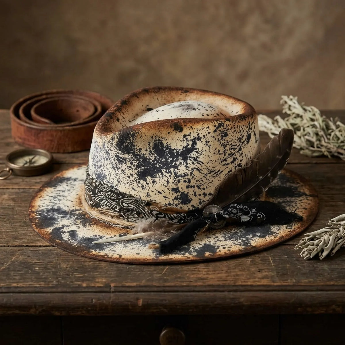 Splatter-Print Pork Pie Hat with Bandana Band and Feathers
