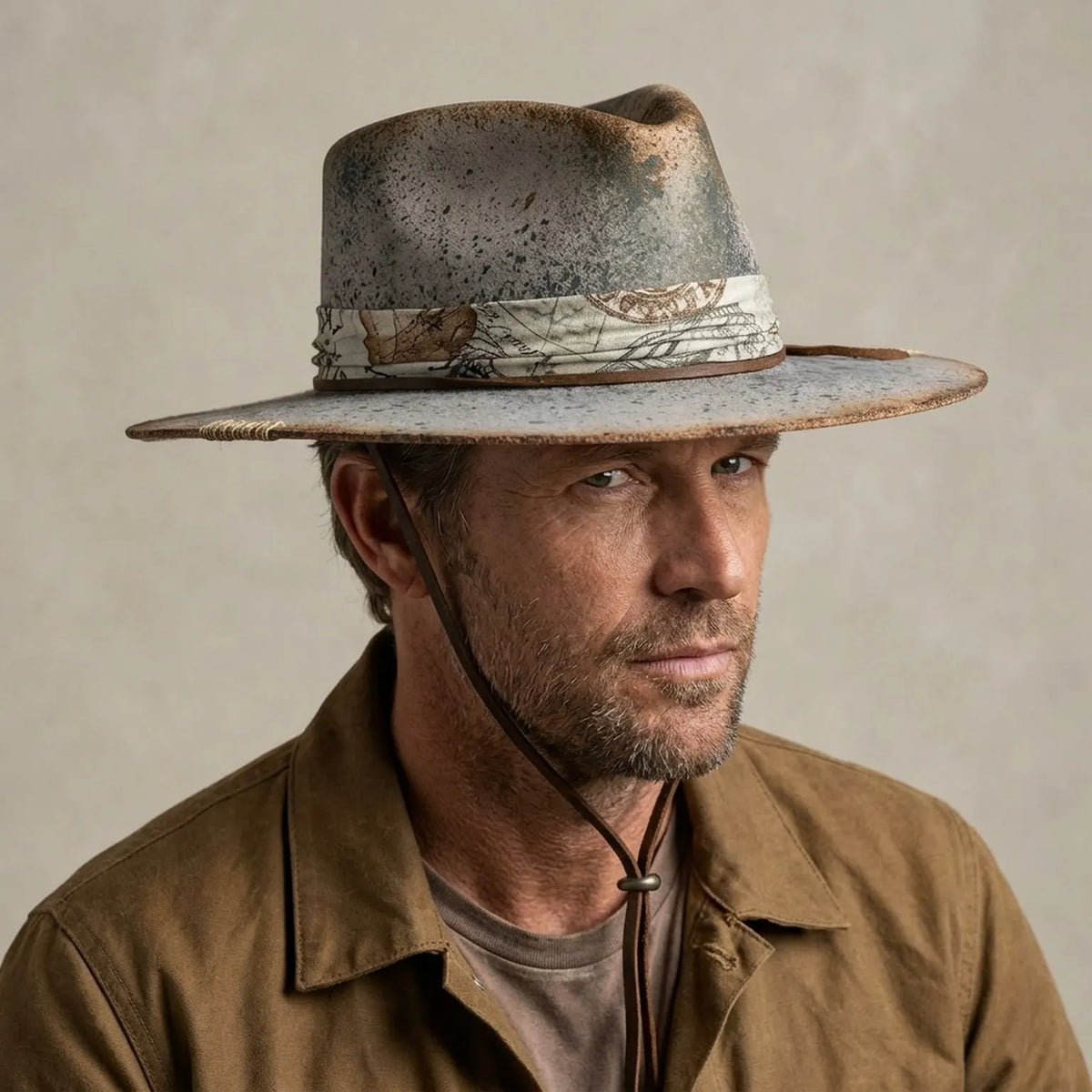 Distressed Gray Fedora with Map Band and Leather Chin Strap