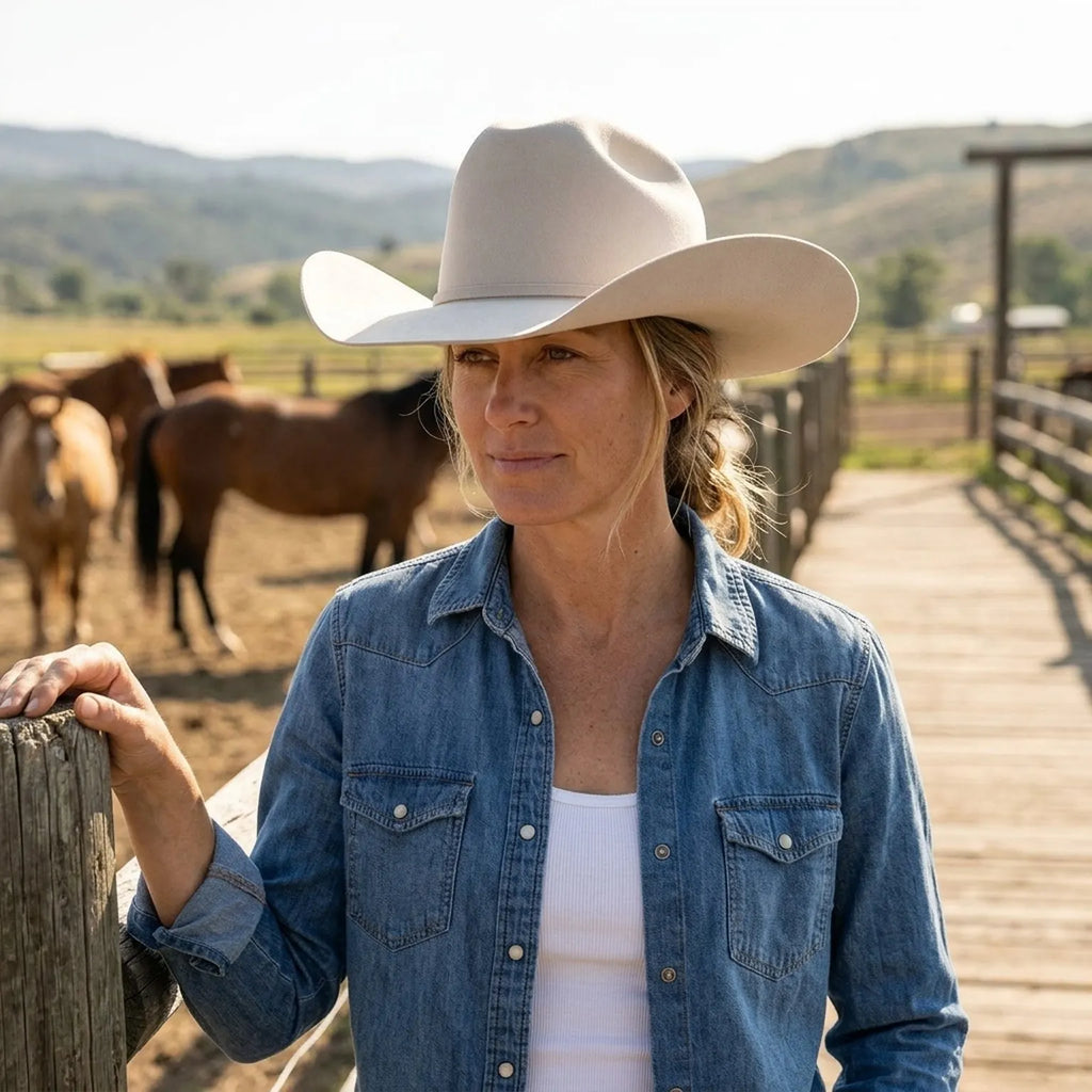 Cream Felt Cowboy Hat with Curved Wide Western Style Brim