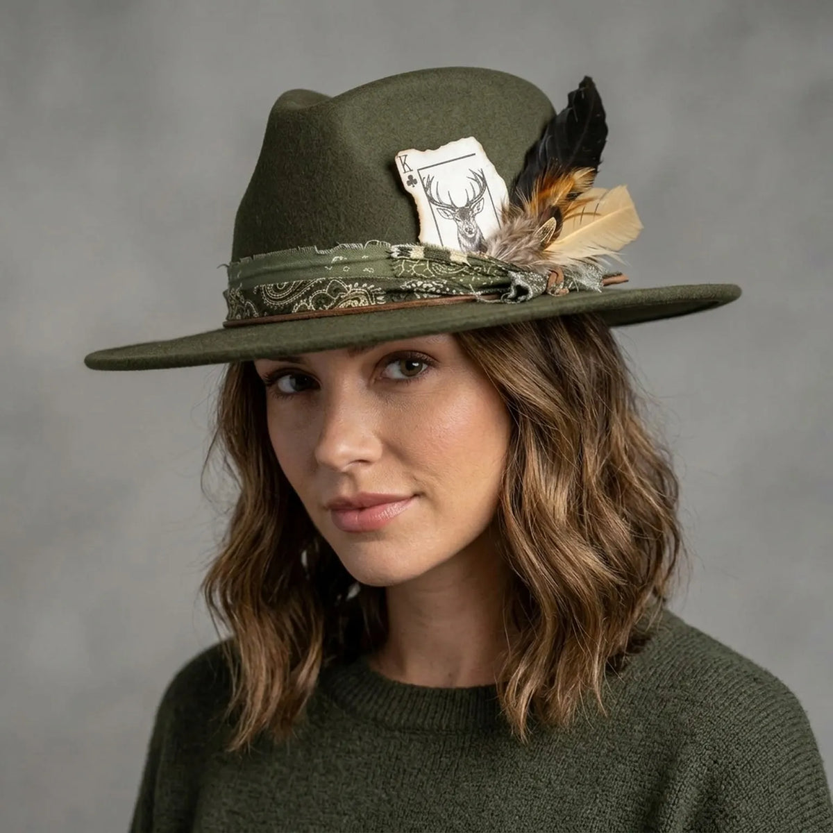 Olive Green Felt Western Hat with Paisley Band and Feather