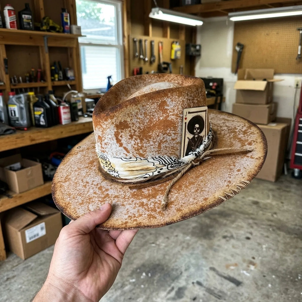 Distressed Tan Cowboy Hat with Skeleton Card and Paisley Bandana