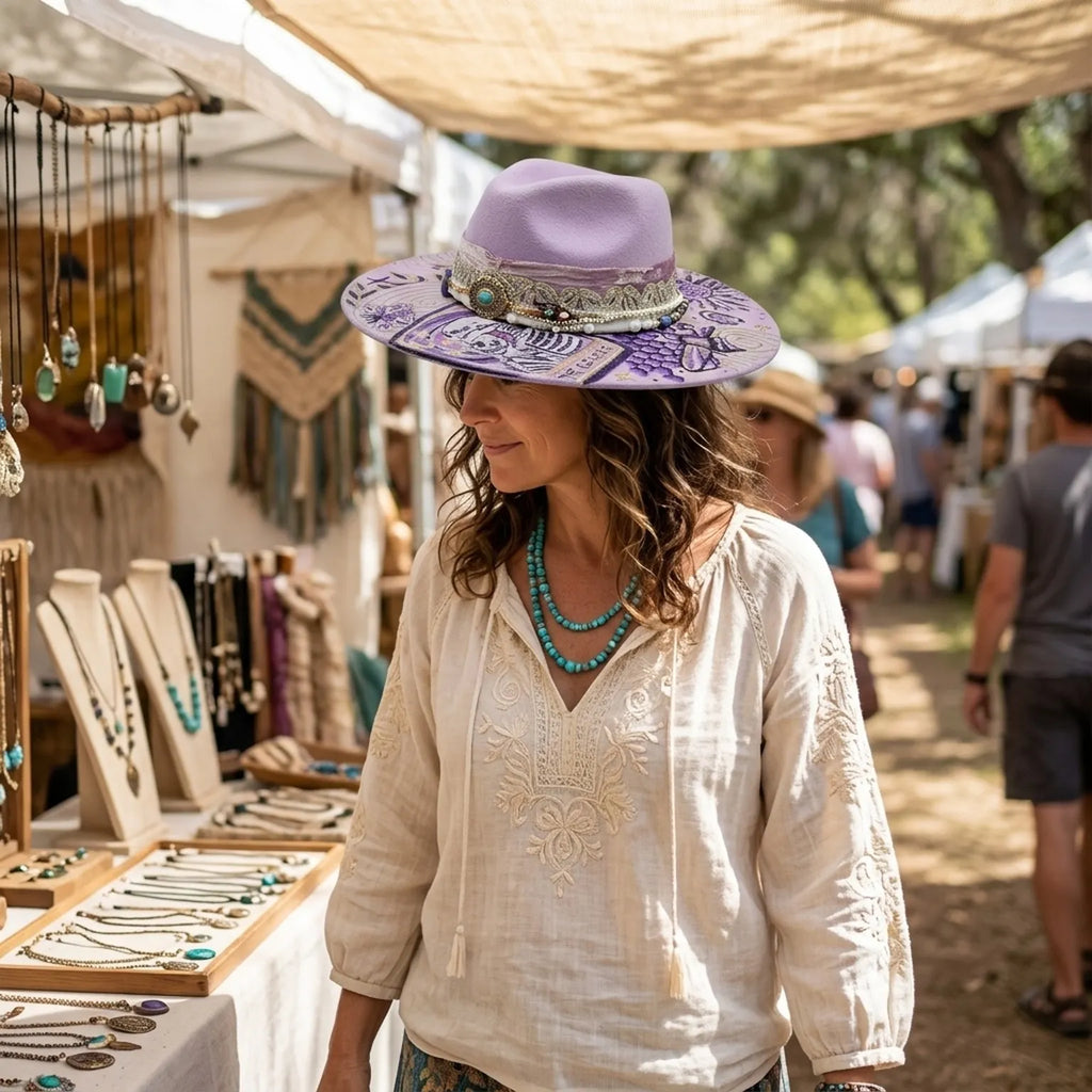 Lavender Felt Fedora with Tarot Lovers Card Rhinestone Concho