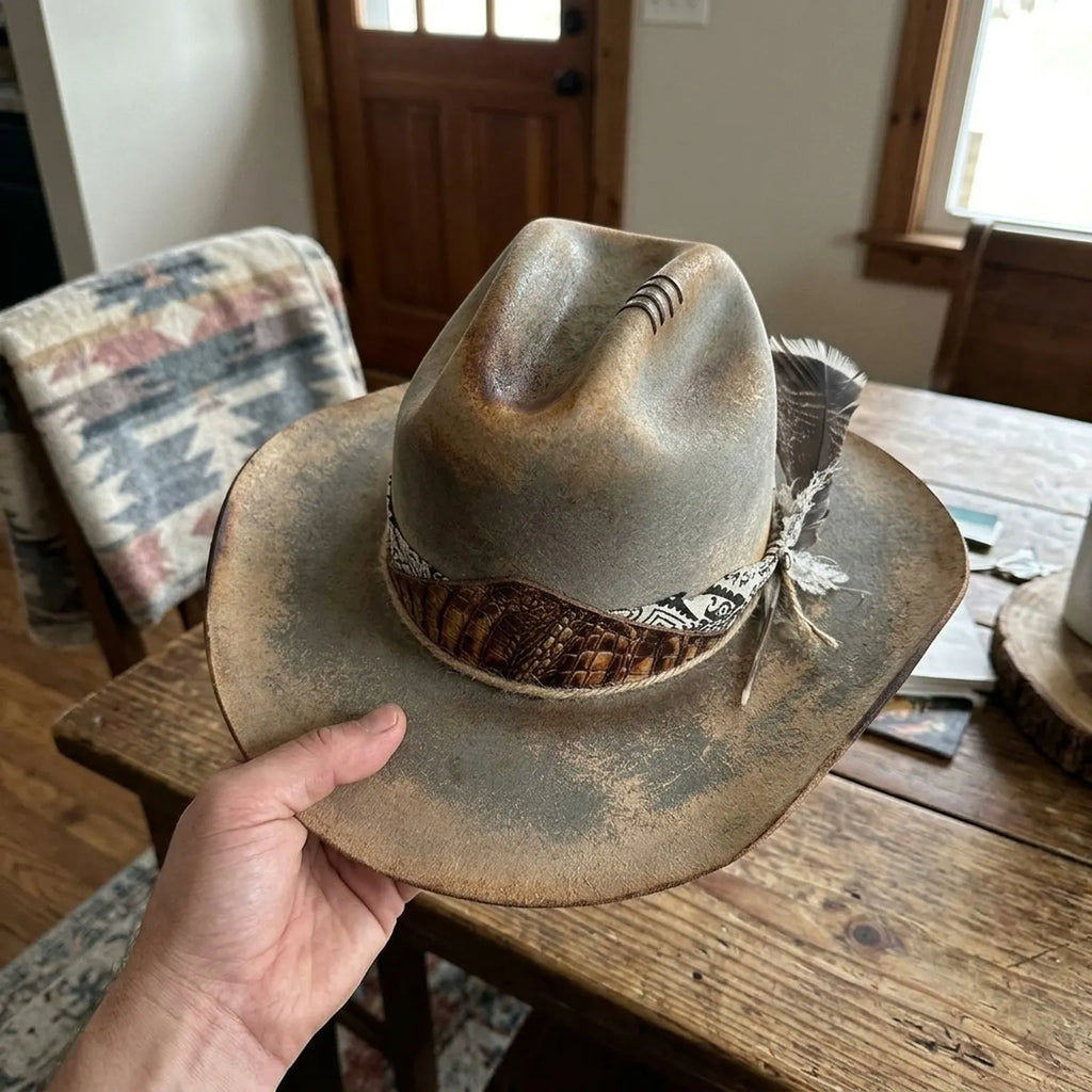 Weathered Tan Western Hat with Croc Leather and Bandana Band