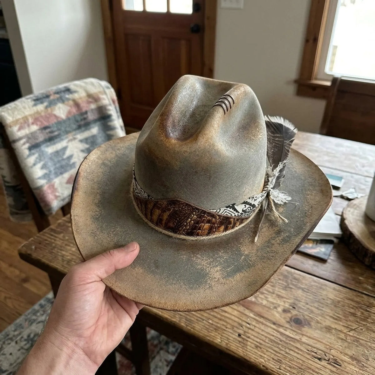 Weathered Tan Western Hat with Croc Leather and Bandana Band