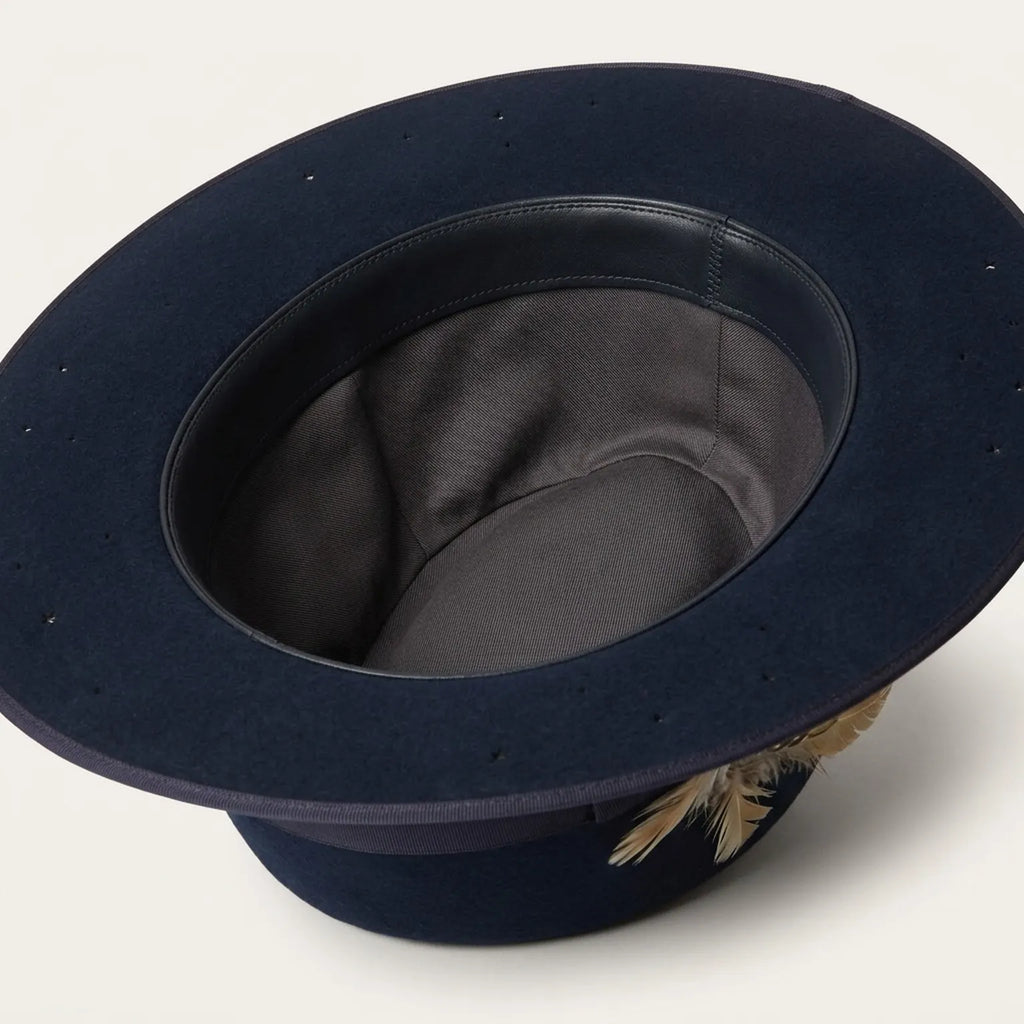 Navy Blue Wide Brim Felt Hat with Star Cutouts and Feather