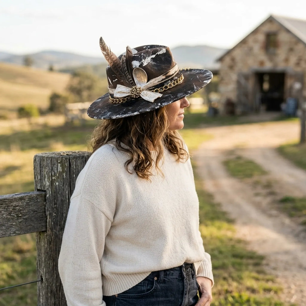 Distressed Brown Felt Western Hat with White Splatter Paint