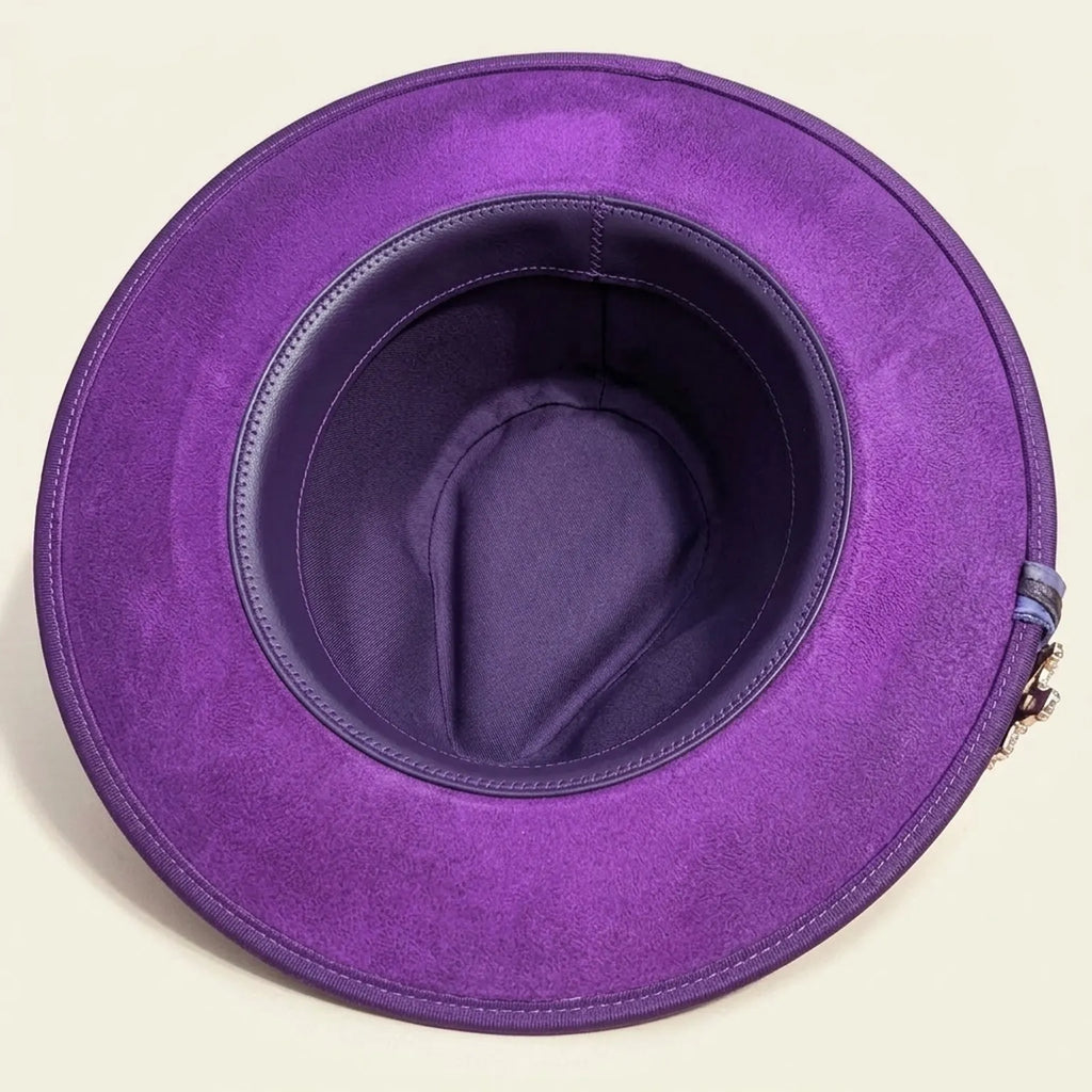 Purple Floral Fedora with Painted Sunflower and Jeweled Brooch