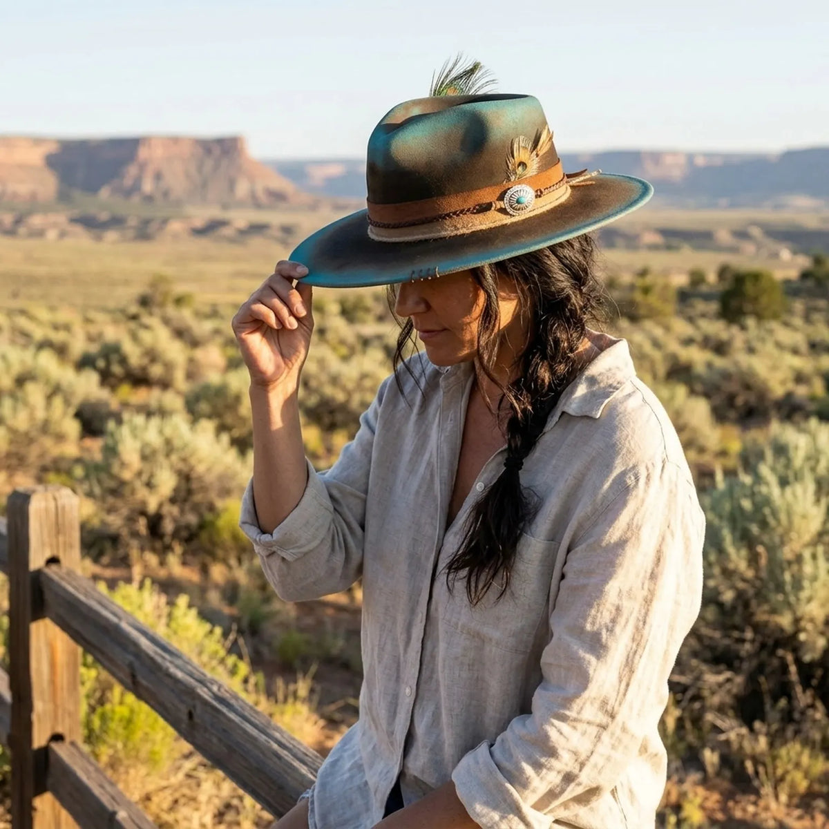 Teal Ombre Felt Western Hat Suede Band Feather Trim