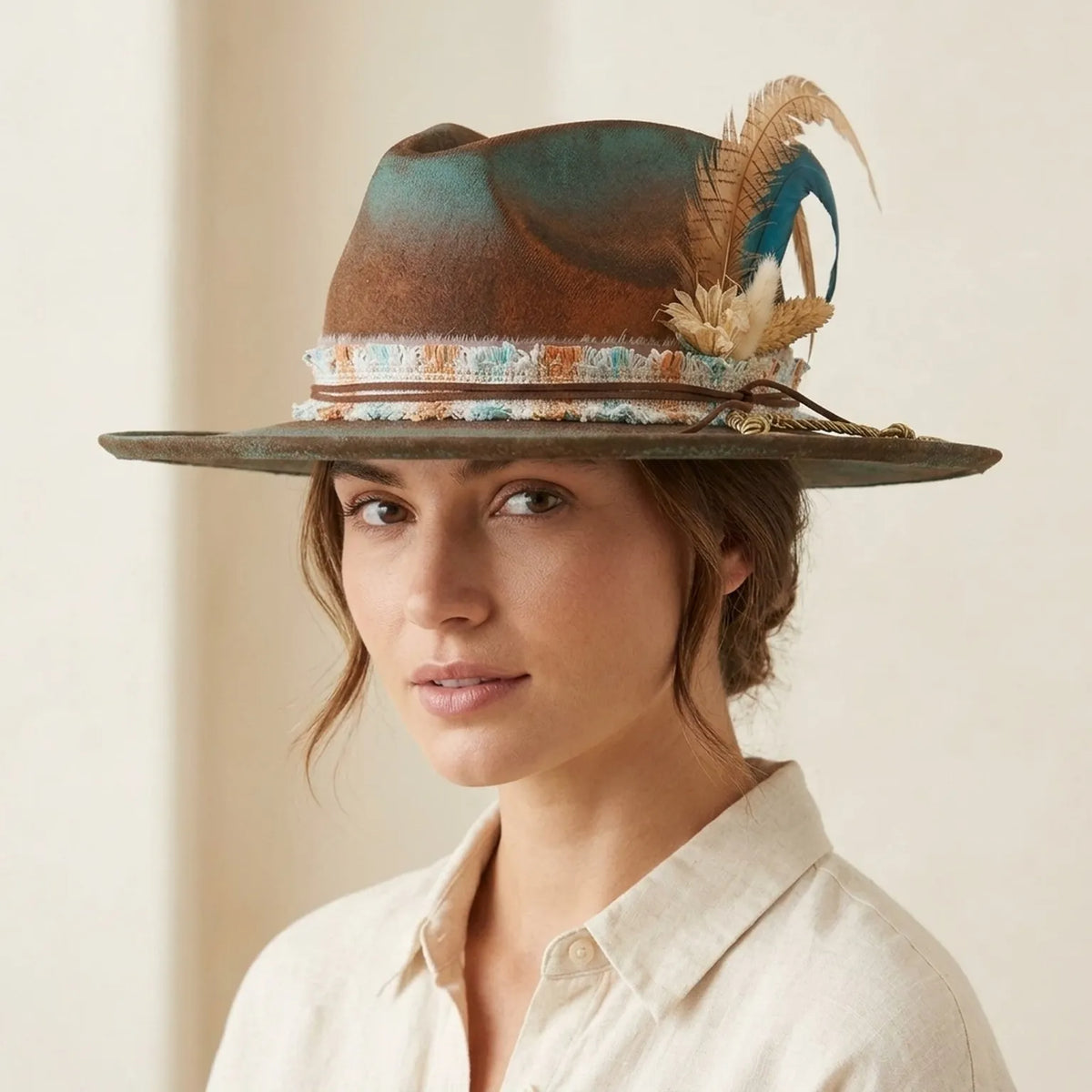 Distressed Brown Teal Two-Tone Felt Fedora with Feather Cluster