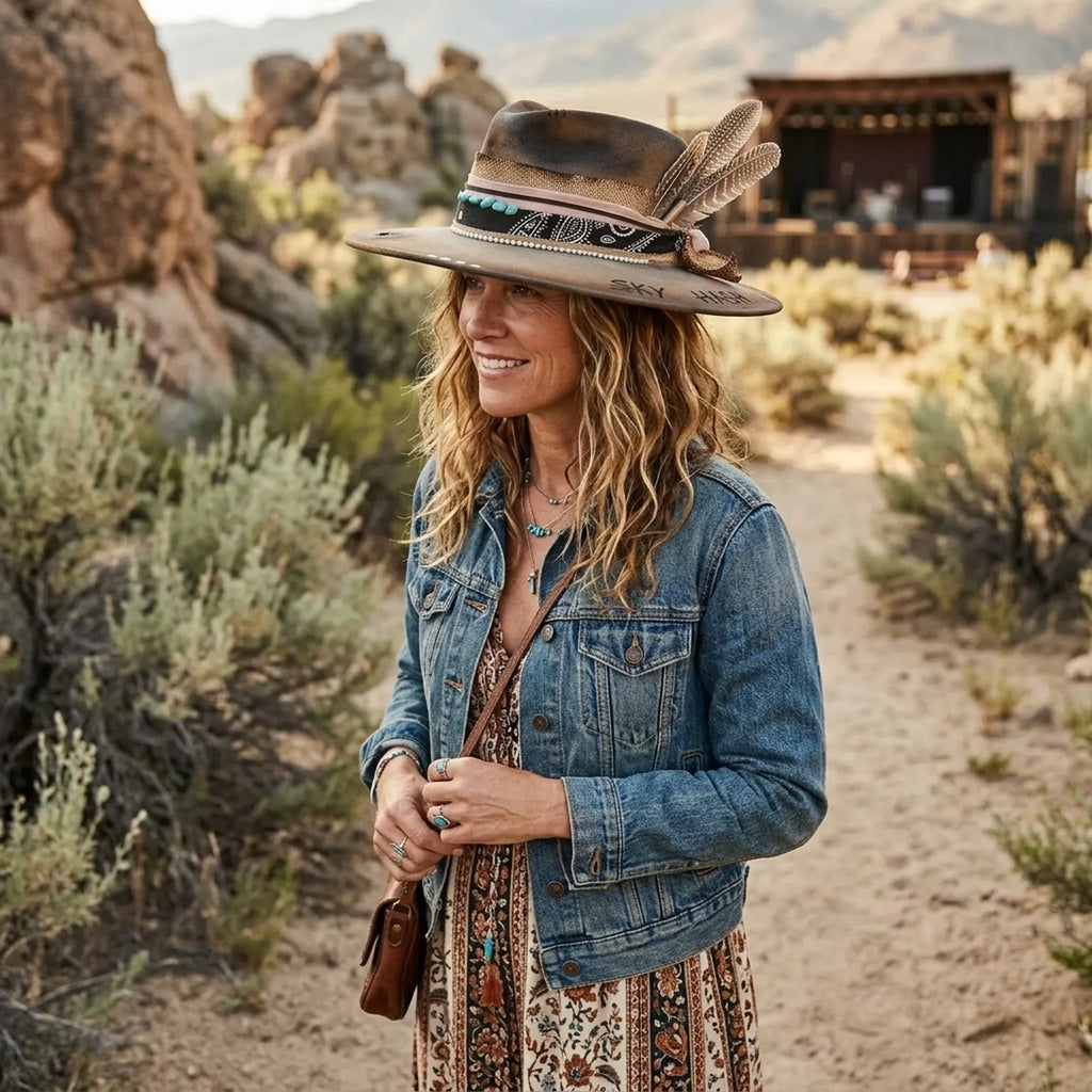 Brown Wide Brim Festival Hat with Feathers and Turquoise Beads