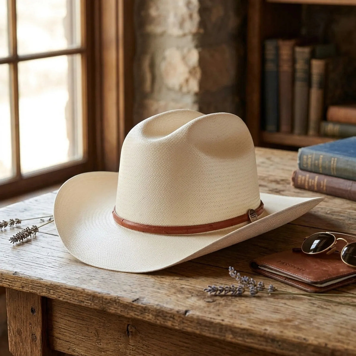 Ivory Straw Cowboy Hat with Brown Leather Band and Detail