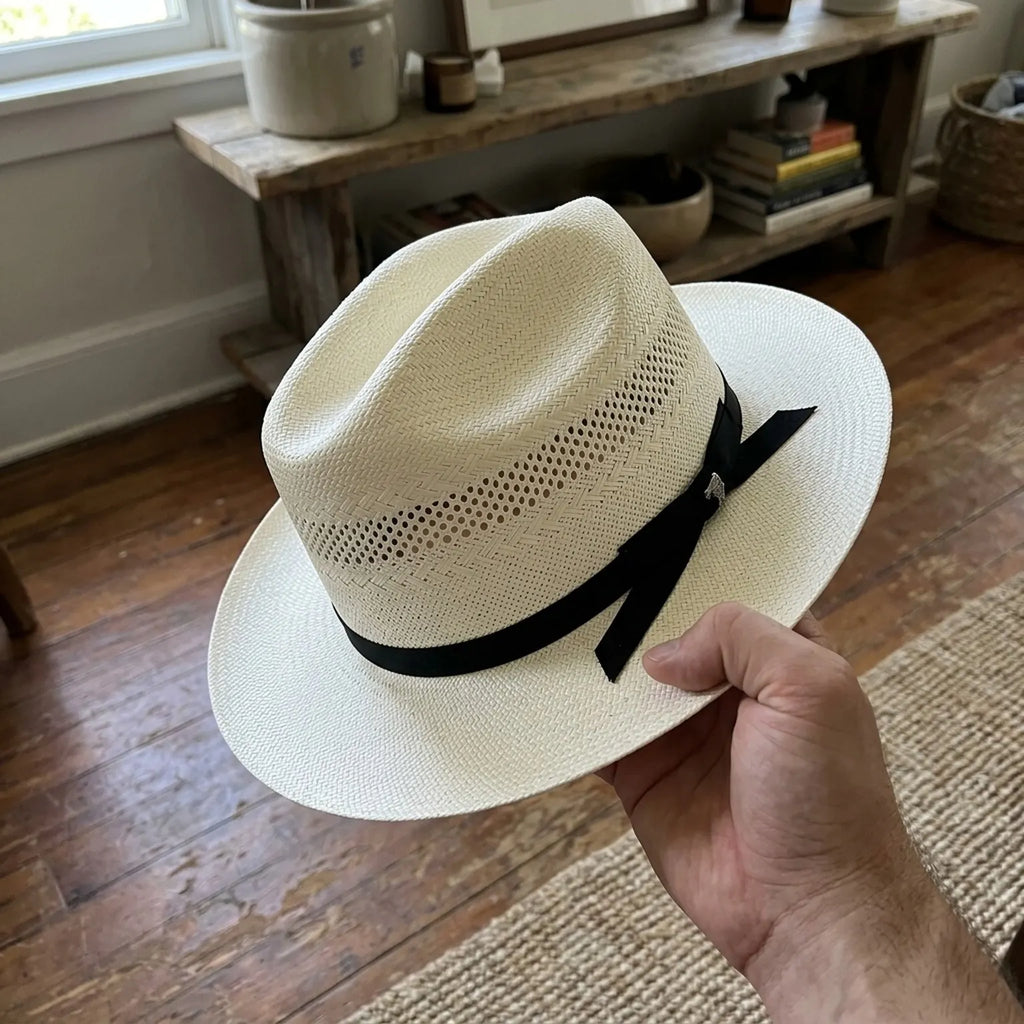 White Perforated Straw Fedora with Black Band and Bow Detail