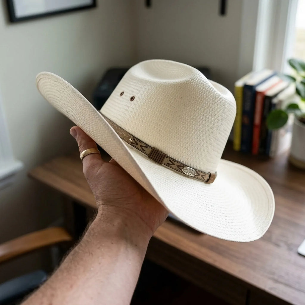 Unisex Cream Straw Cowboy Hat with Patterned Leather Concho Band