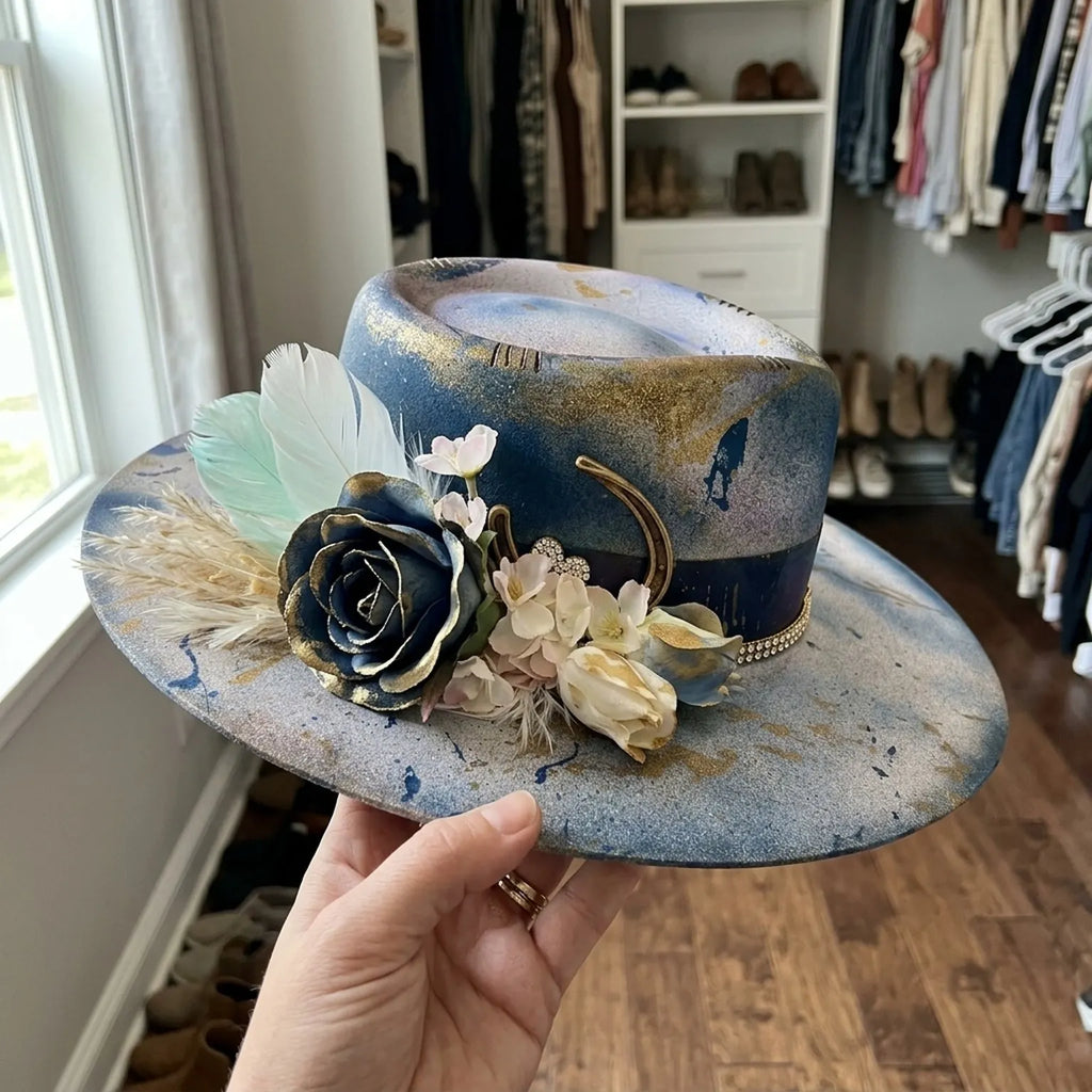 Boho Tie-Dye Fedora with Floral Accent and Rhinestone Band