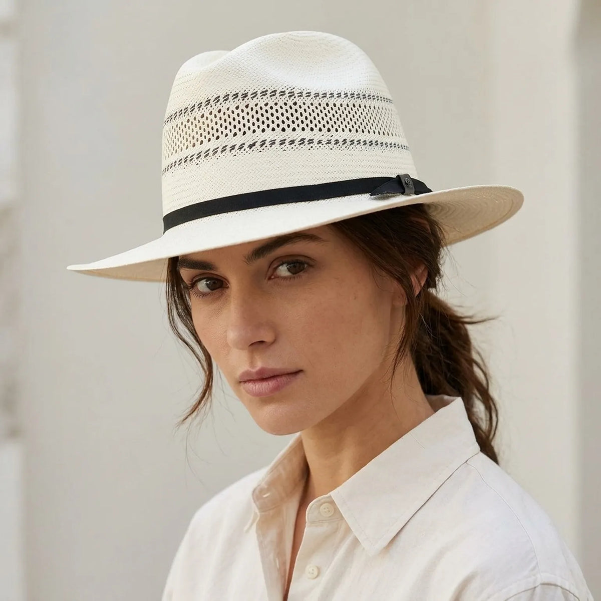 Unisex White Straw Panama Hat with Black Ribbon and Vent Crown