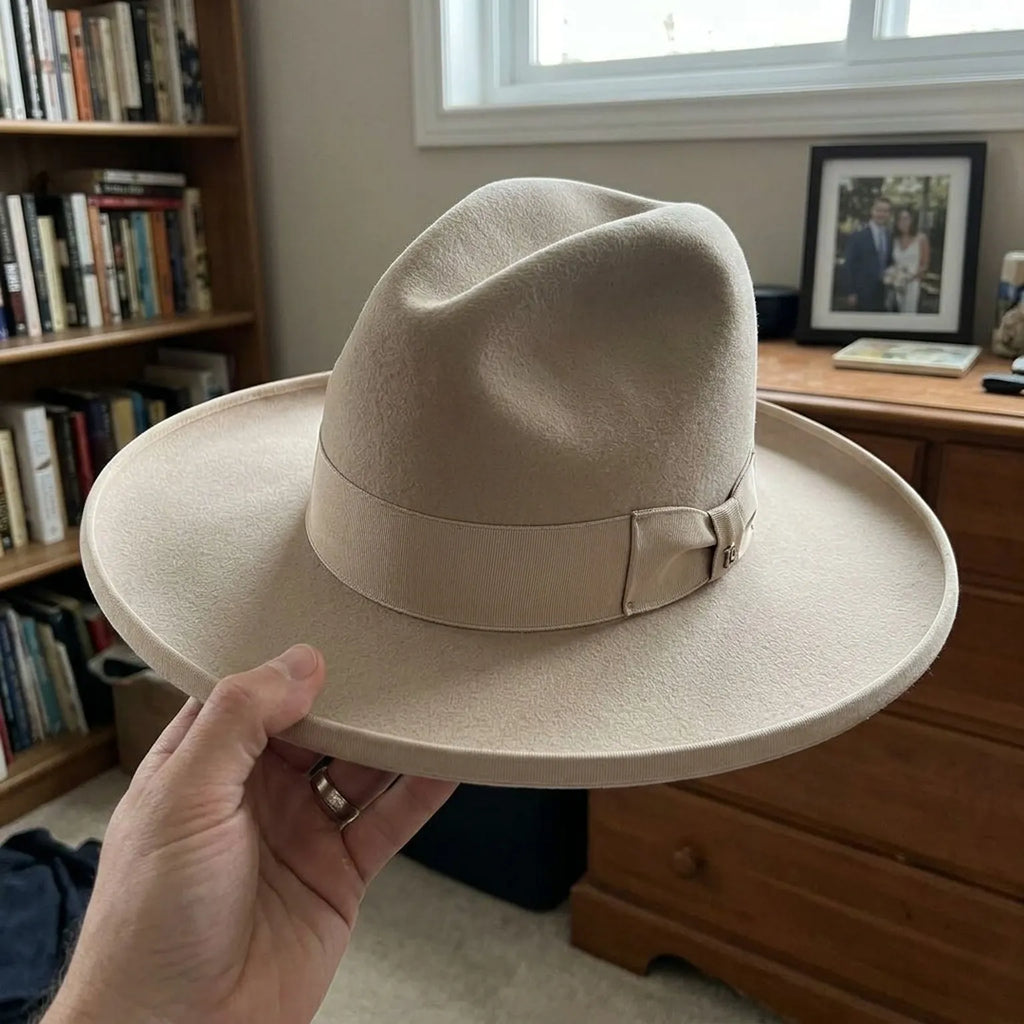 Cream Extra Wide-Brim Wool Felt Hat with Grosgrain Band