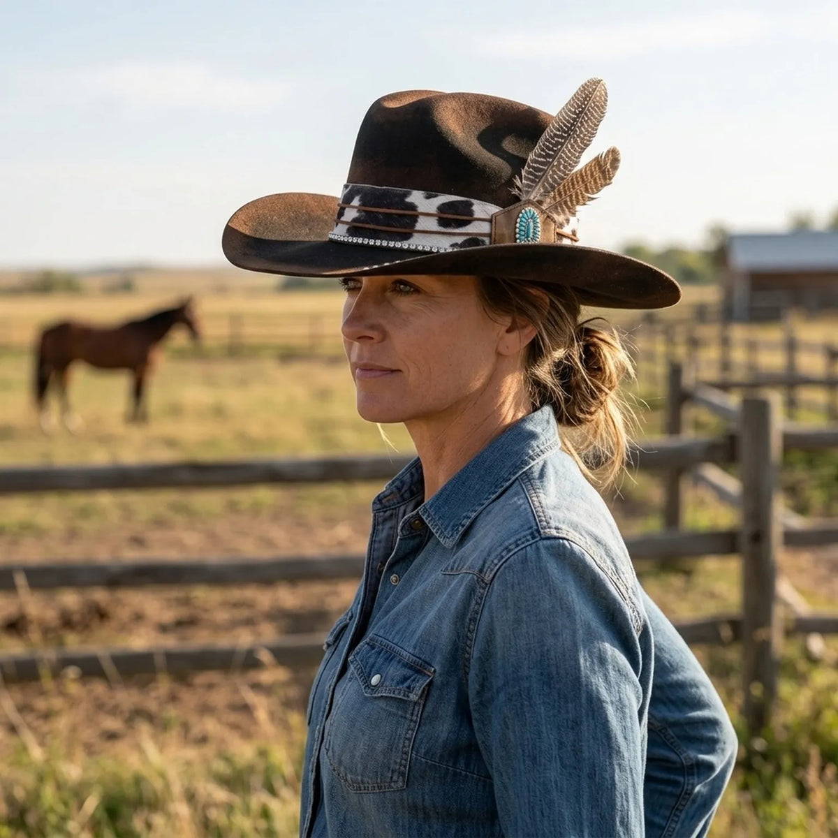 Dark Brown Cowboy Hat with Cow-Print Band and Turquoise Concho