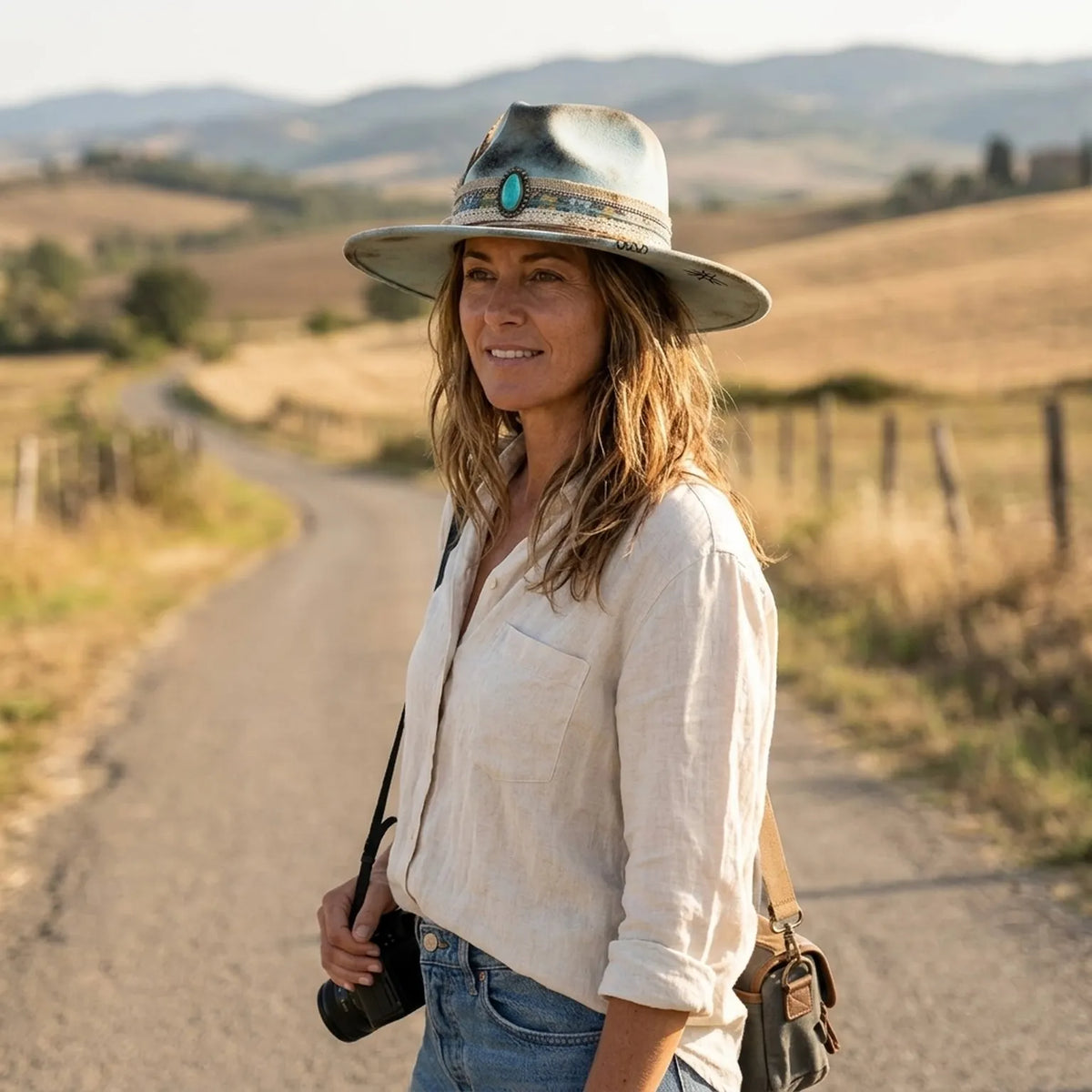 Light Blue Fedora with Turquoise Concho, Lace and Feathers