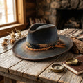 Distressed Gray Felt Fedora Paisley Bandana Orange Braided Cord