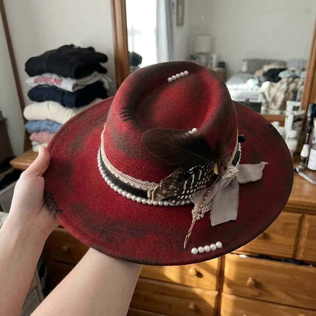 Red Distressed Fedora with Pearl Strands, Lace and Feather Bow