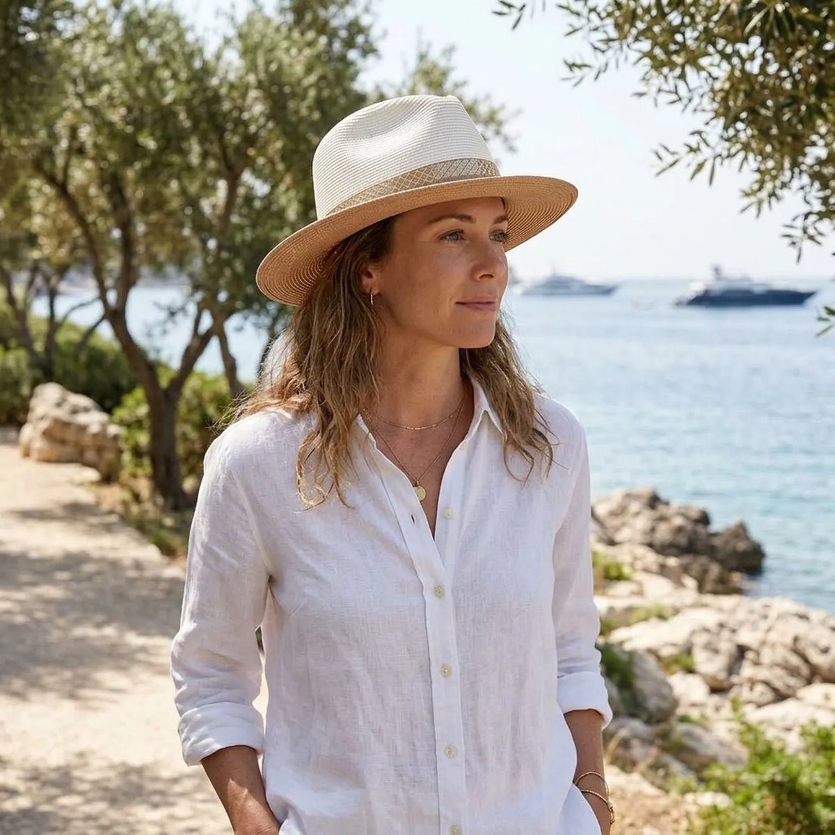 Two-Tone Cream and Tan Straw Sun Hat with Gold Band