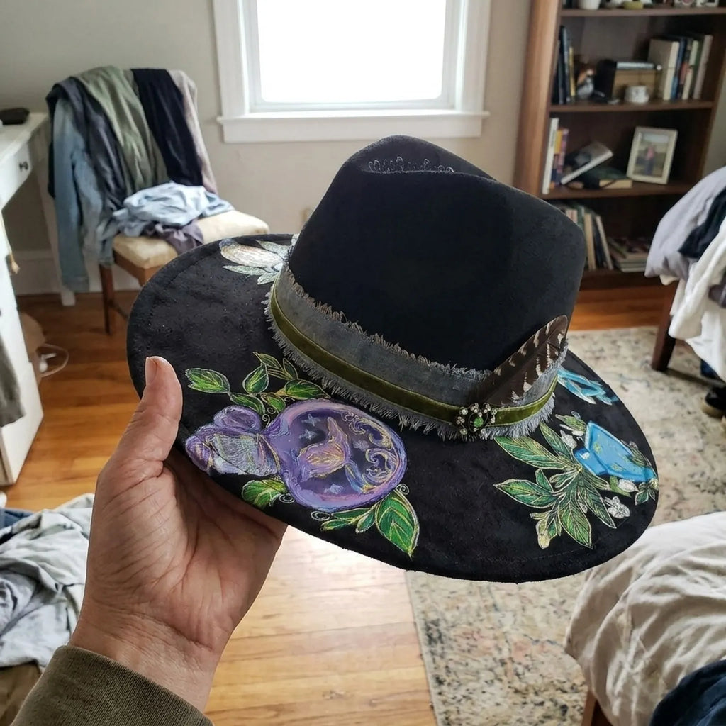 Black Painted Fedora with Perfume Bottle Art and Velvet Band