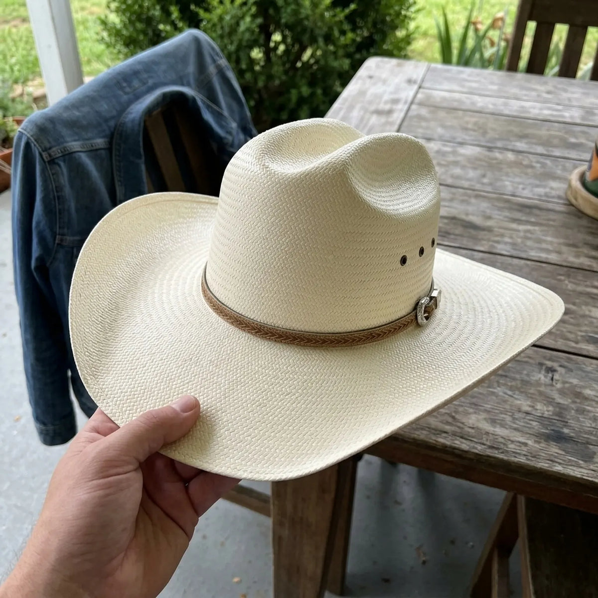 Cream Straw Cowboy Hat with Braided Leather Hatband Detail