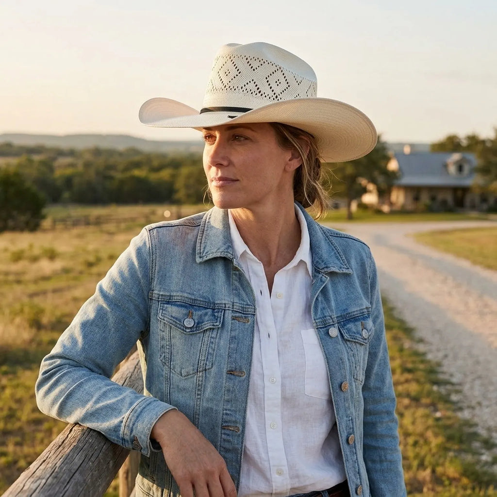 Cream Straw Cowboy Hat with Vented Diamond Crown Pattern