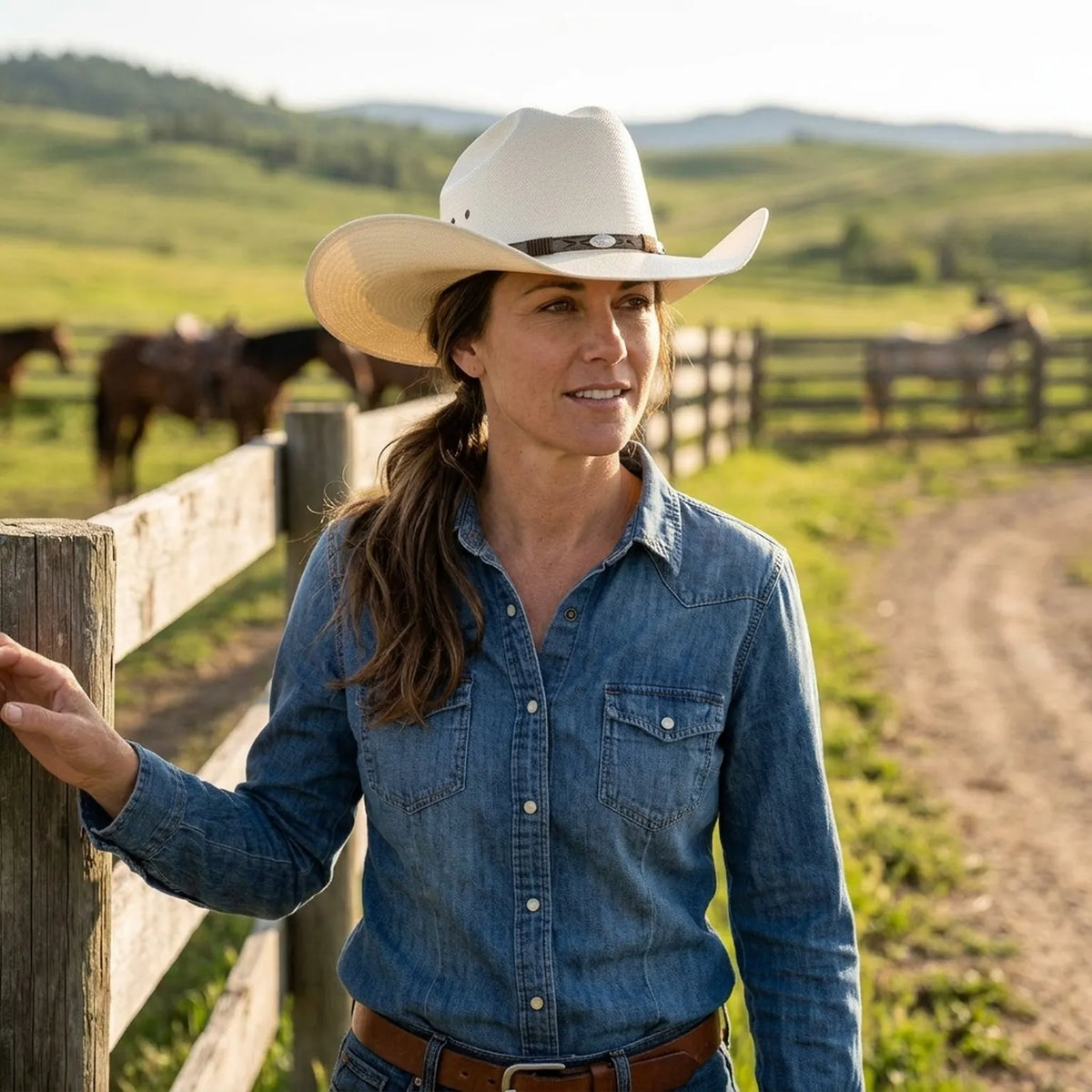 Unisex Cream Straw Cowboy Hat with Patterned Leather Concho Band