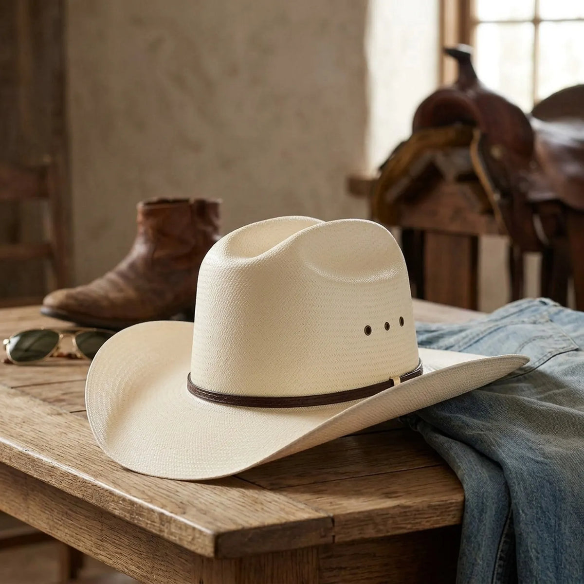Ivory Straw Western Hat with Brown Leather Band and Detail