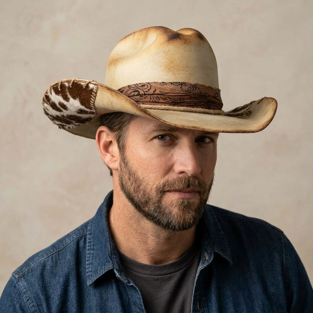 Vintage Cream Cowboy Hat with Burnished Edges and Paisley Band