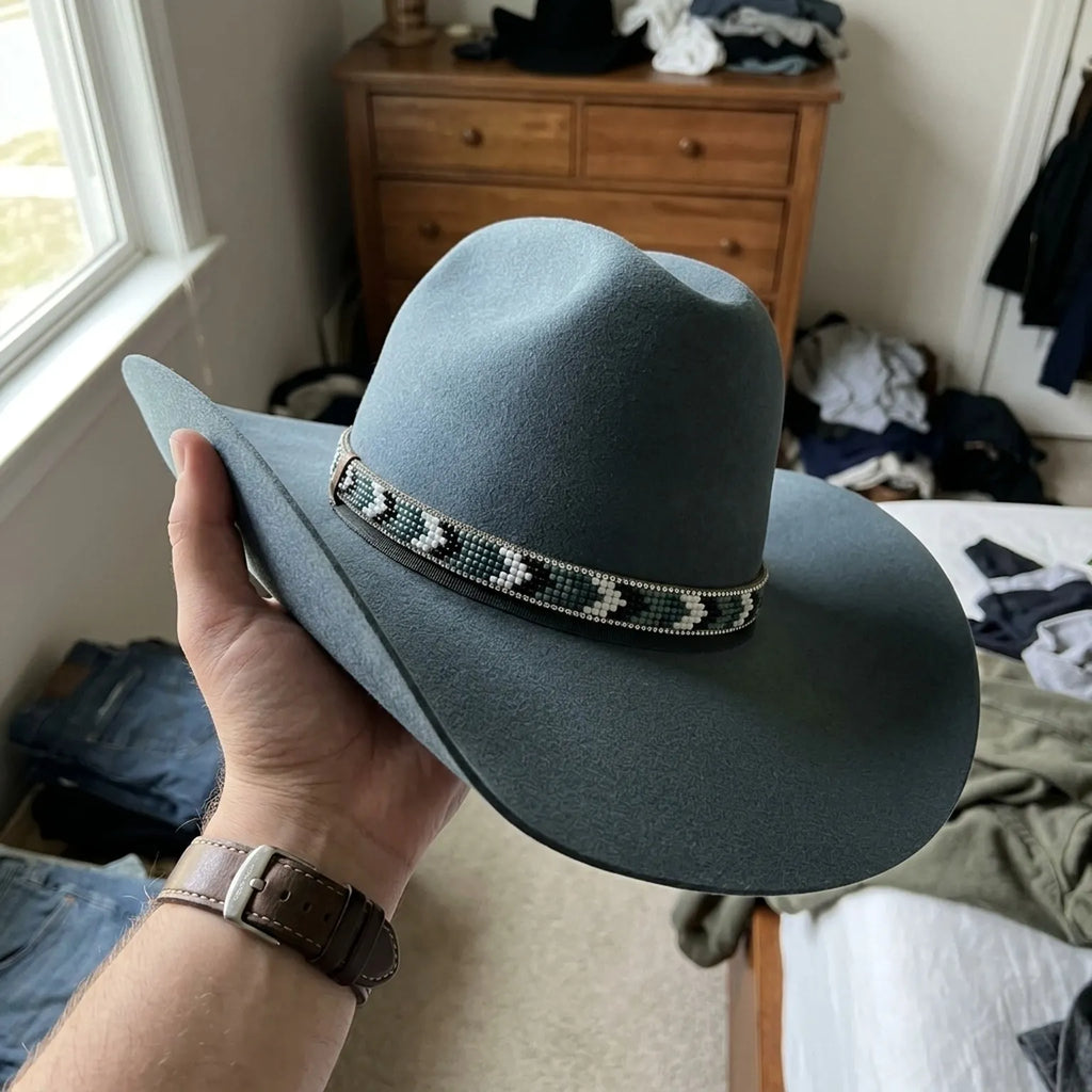 Teal Wool Felt Western Hat with Beaded Band and Rhinestone Trim