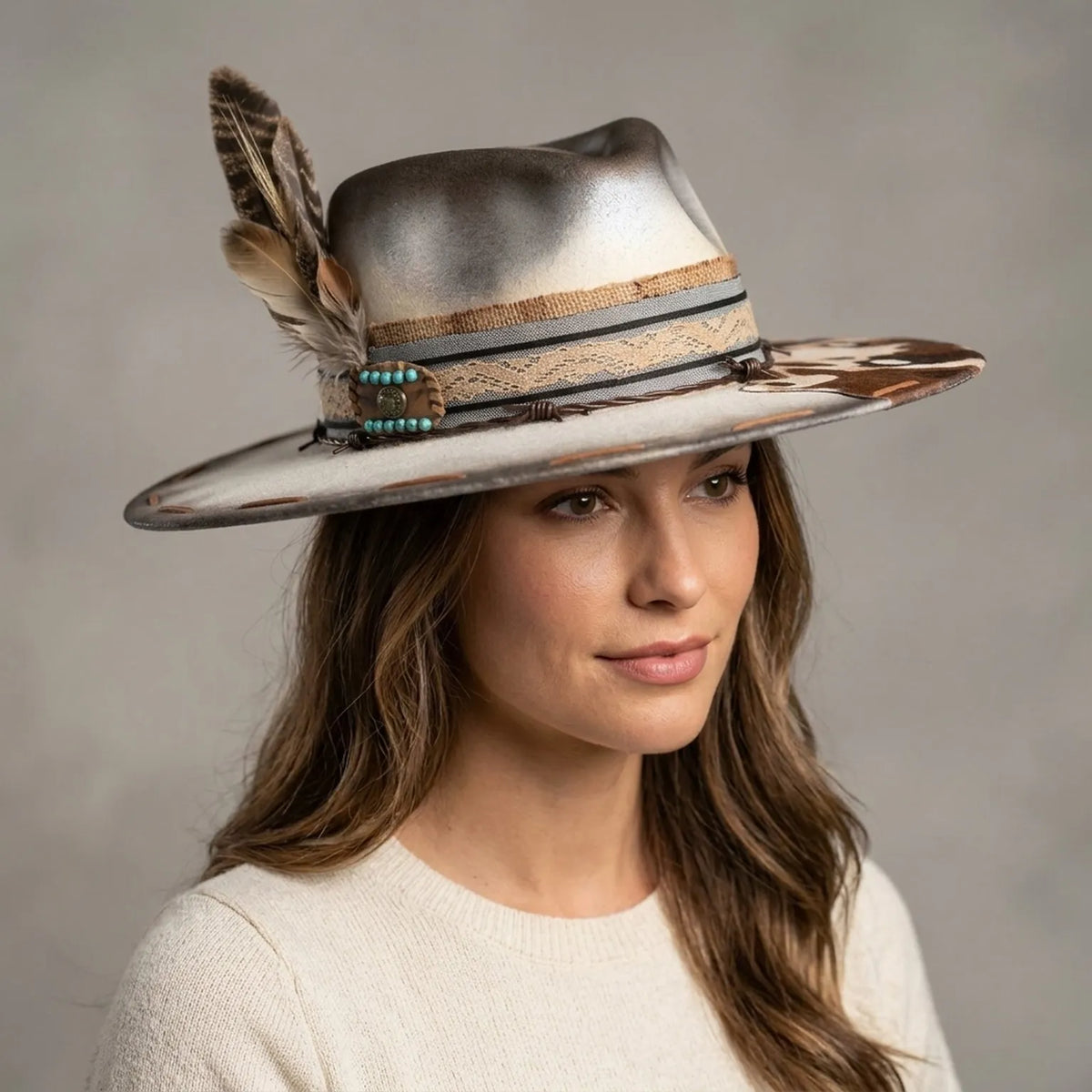 Grey Boho Fedora with Cowhide Patch and Turquoise Bead Accents