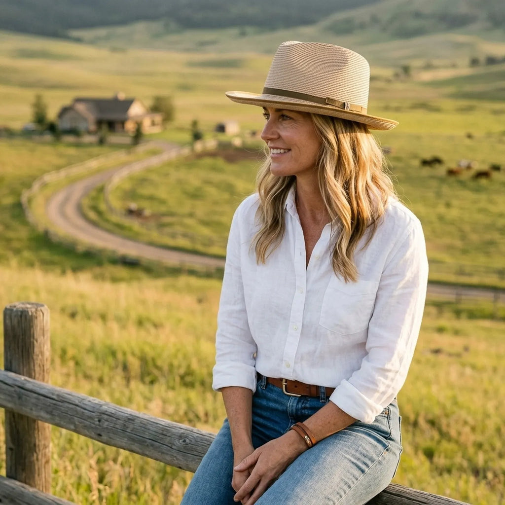 Tan Straw Fedora Hat with Brown Grosgrain Ribbon Band and Bow