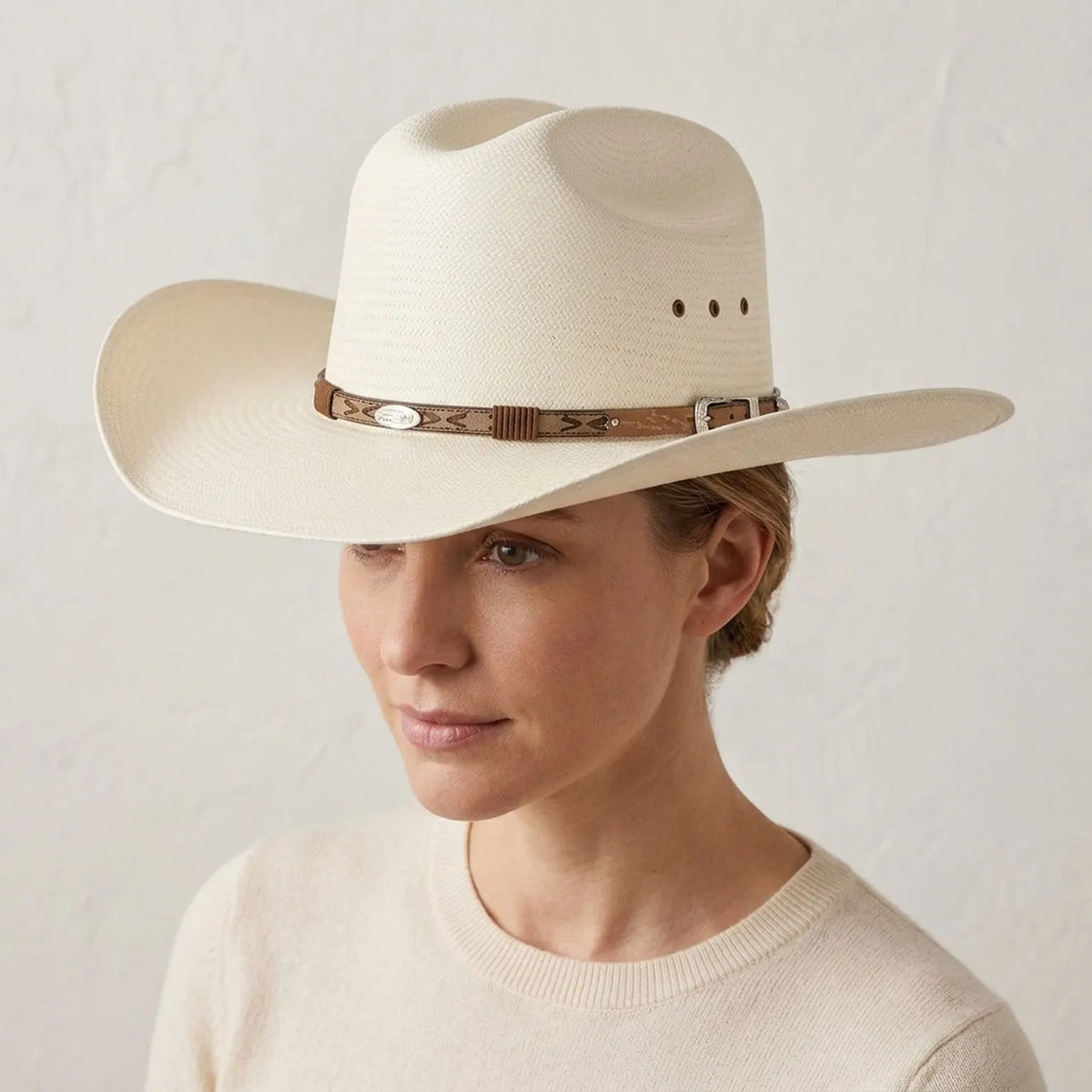 Unisex Cream Straw Cowboy Hat with Patterned Leather Concho Band