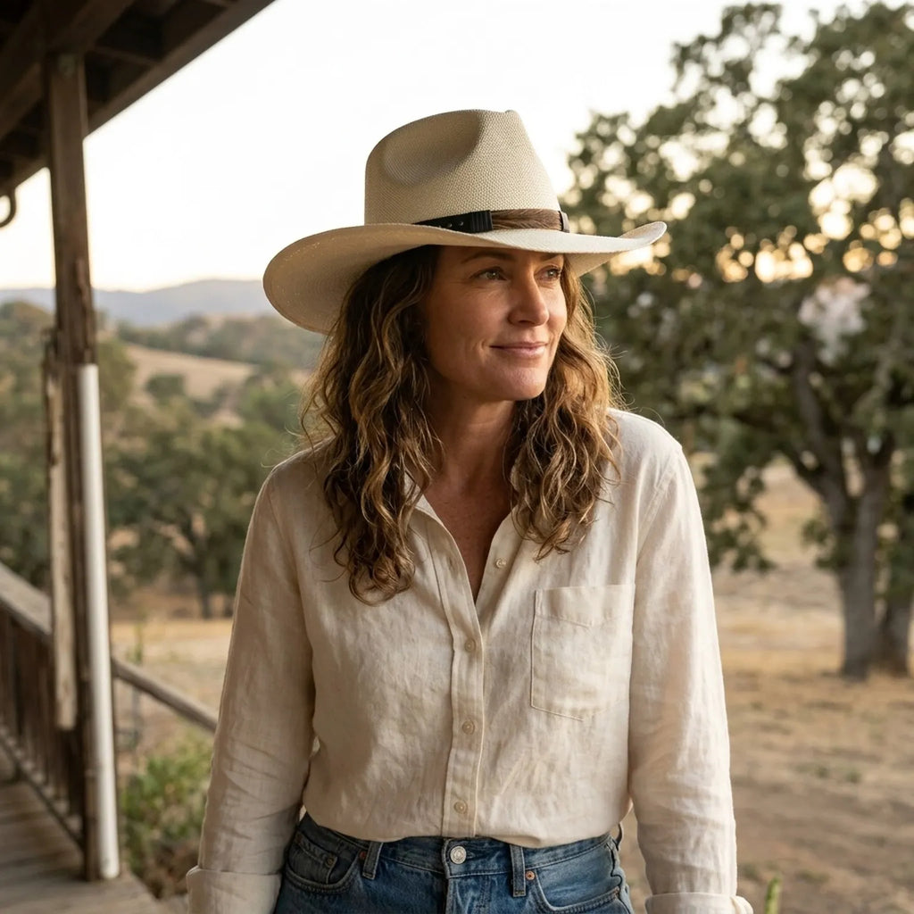 Ivory Straw Western Hat with Leather Band and Wide Brim