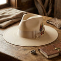 Unisex Beige Wide Brim Straw Fedora with Satin Feather Band