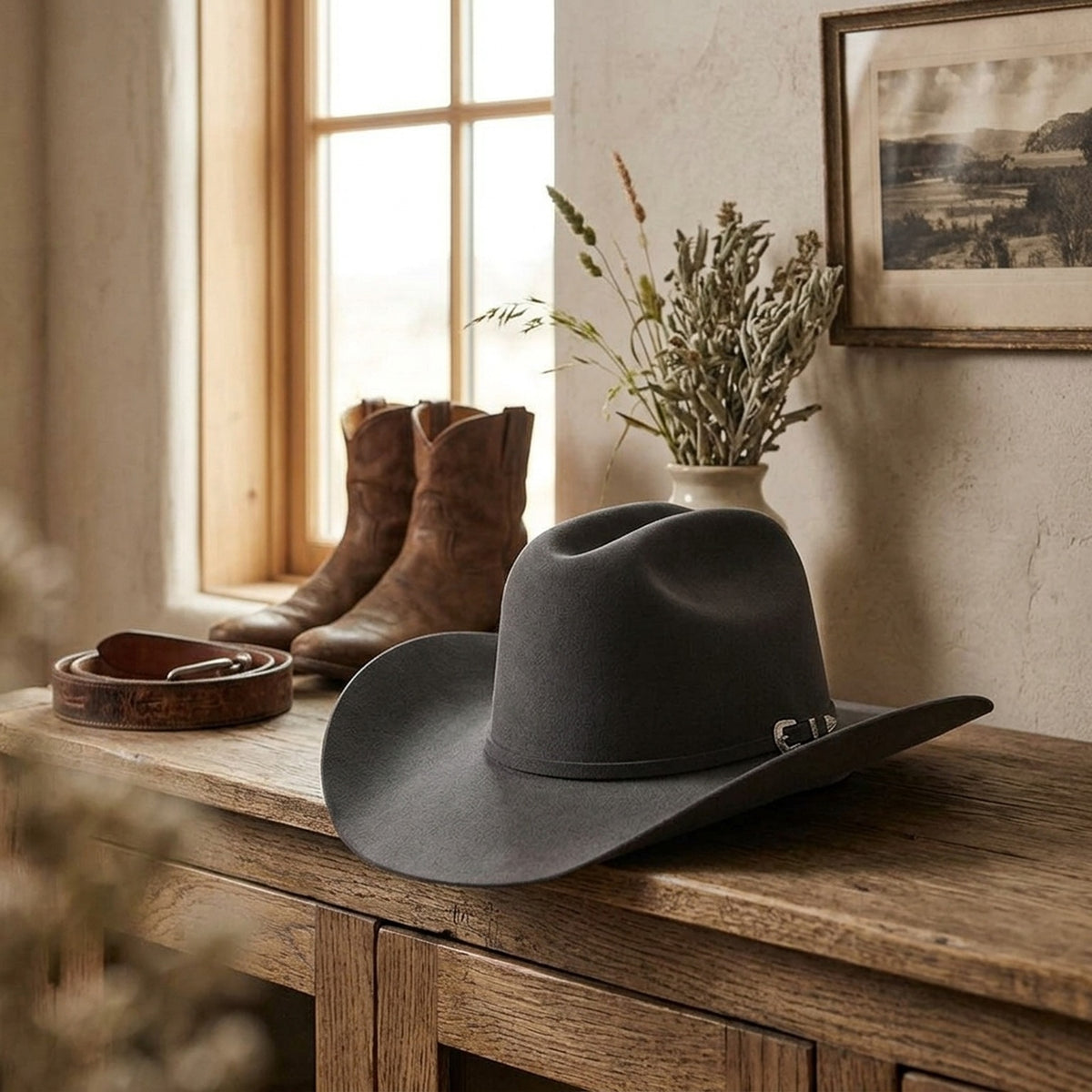 Charcoal Wool Felt Western Hat with Matching Band and Pin Detail