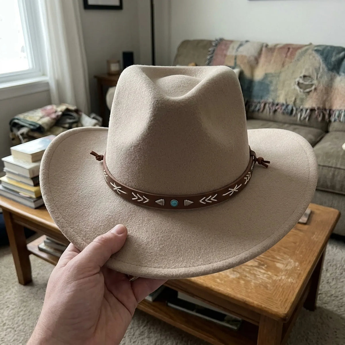 Unisex Beige Western Hat with Stitched Leather Band