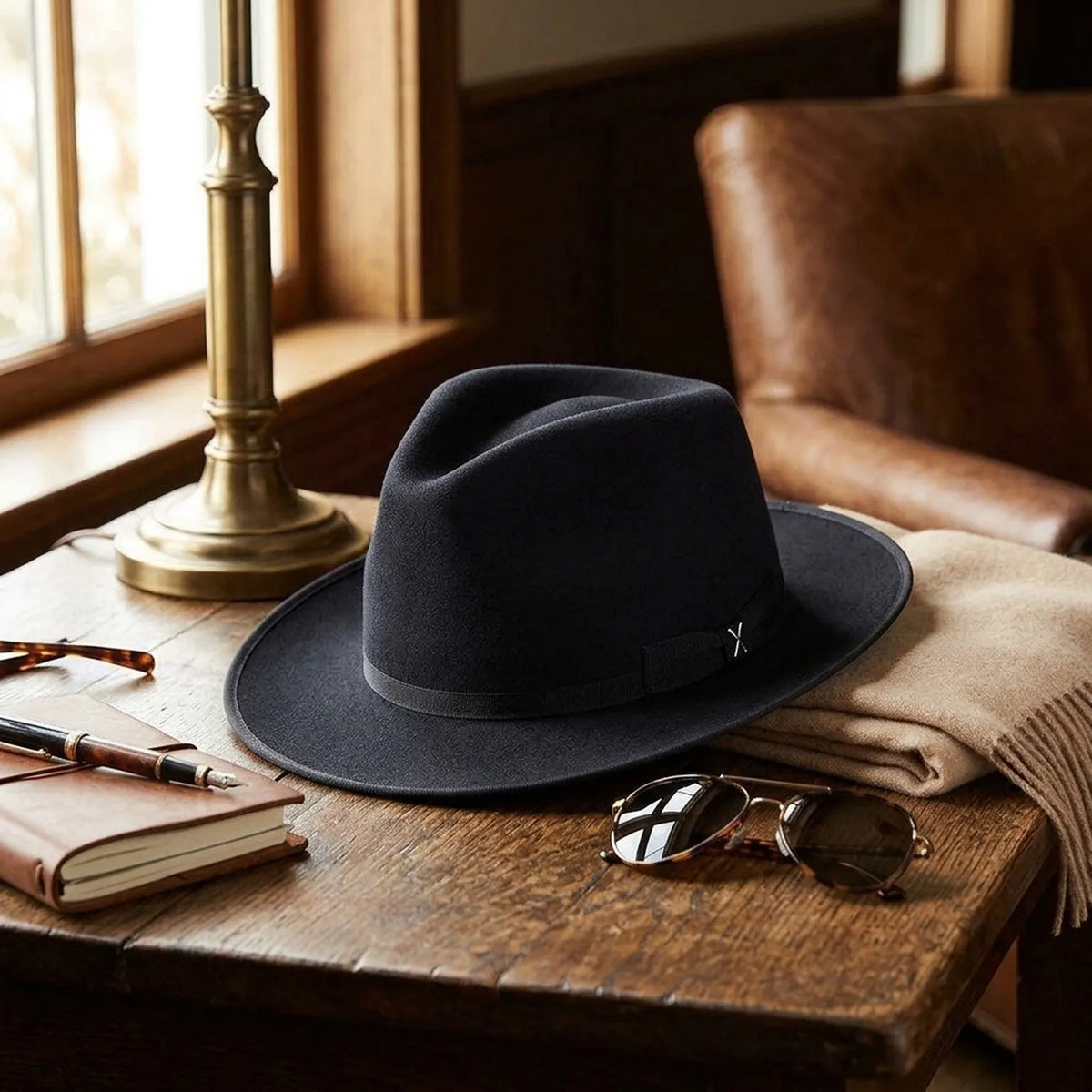 Black Felt Fedora with Grosgrain Band and Feather Accent