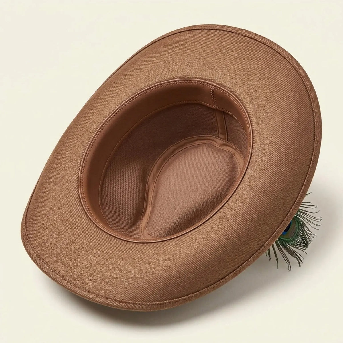 Brown Fedora with Peacock Feather and Leaf Embroidery
