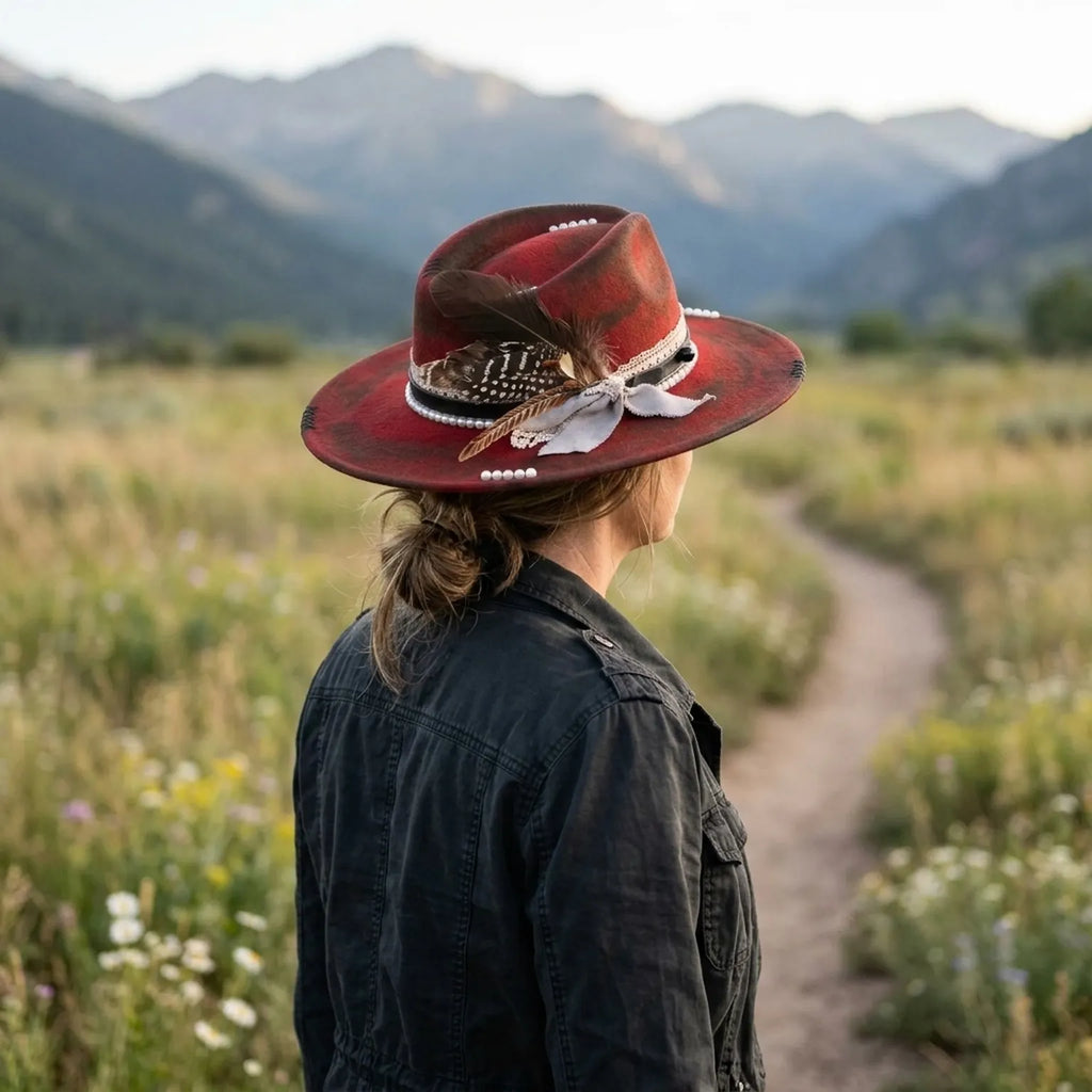 Red Distressed Fedora with Pearl Strands, Lace and Feather Bow