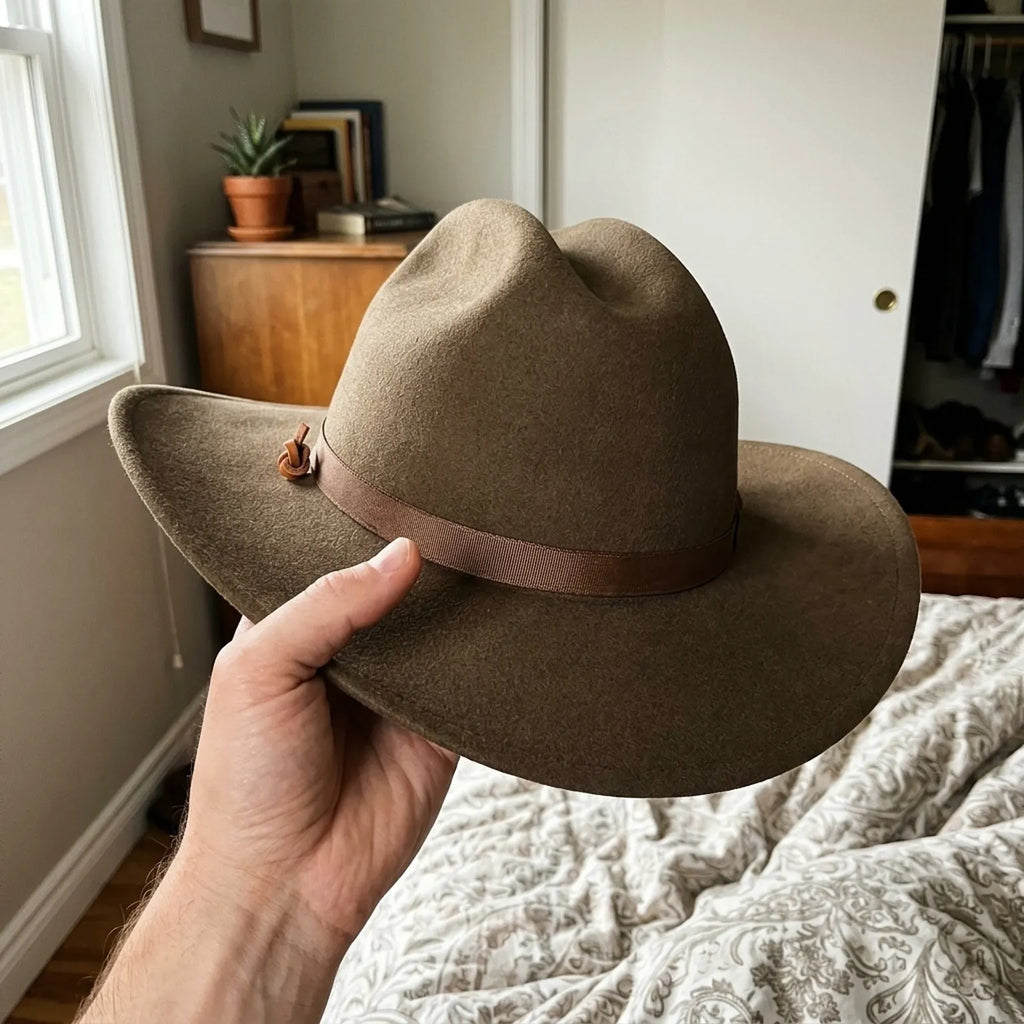 Tan Felt Western Hat with Curled Brim and Grosgrain Band