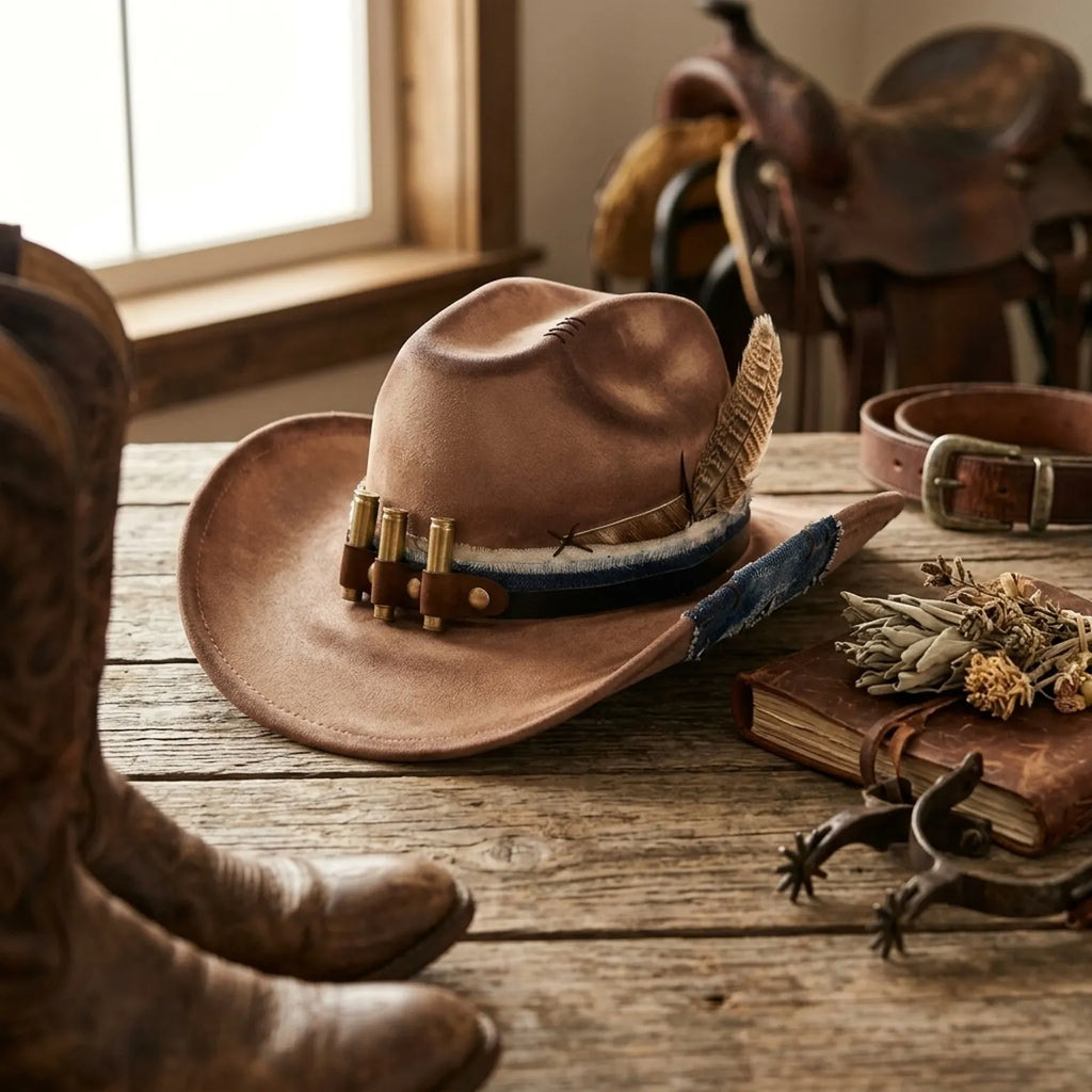 Brown Cowboy Hat with Bullet Cartridge Band and Denim Trim
