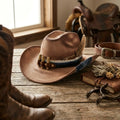 Brown Cowboy Hat with Bullet Cartridge Band and Denim Trim