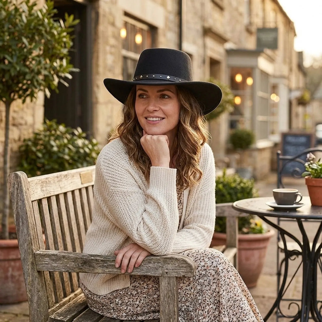 Black Studded Wide-Brim Wool Felt Hat with Leather Band