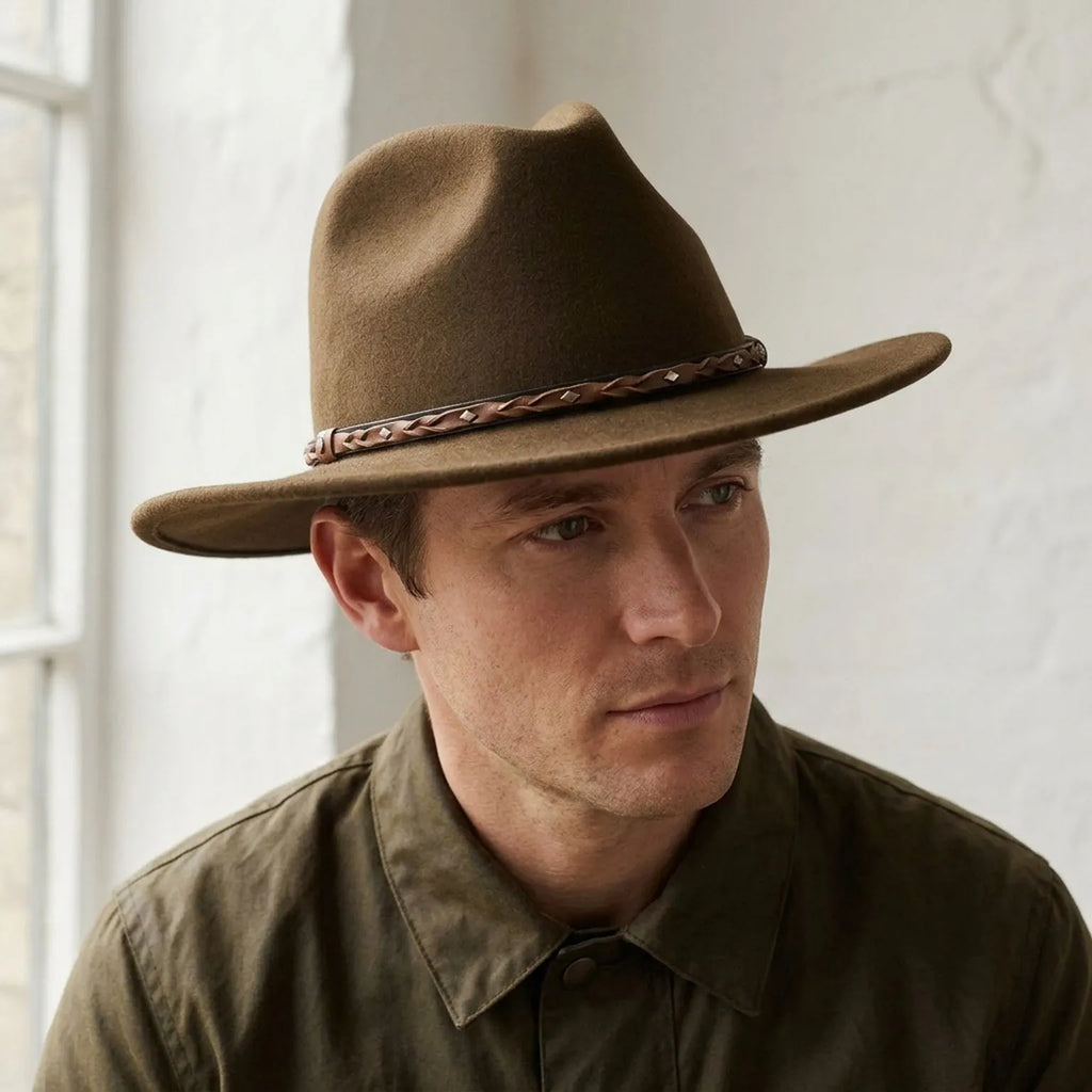 Brown Wool Felt Western Hat with Braided Leather Stud Band