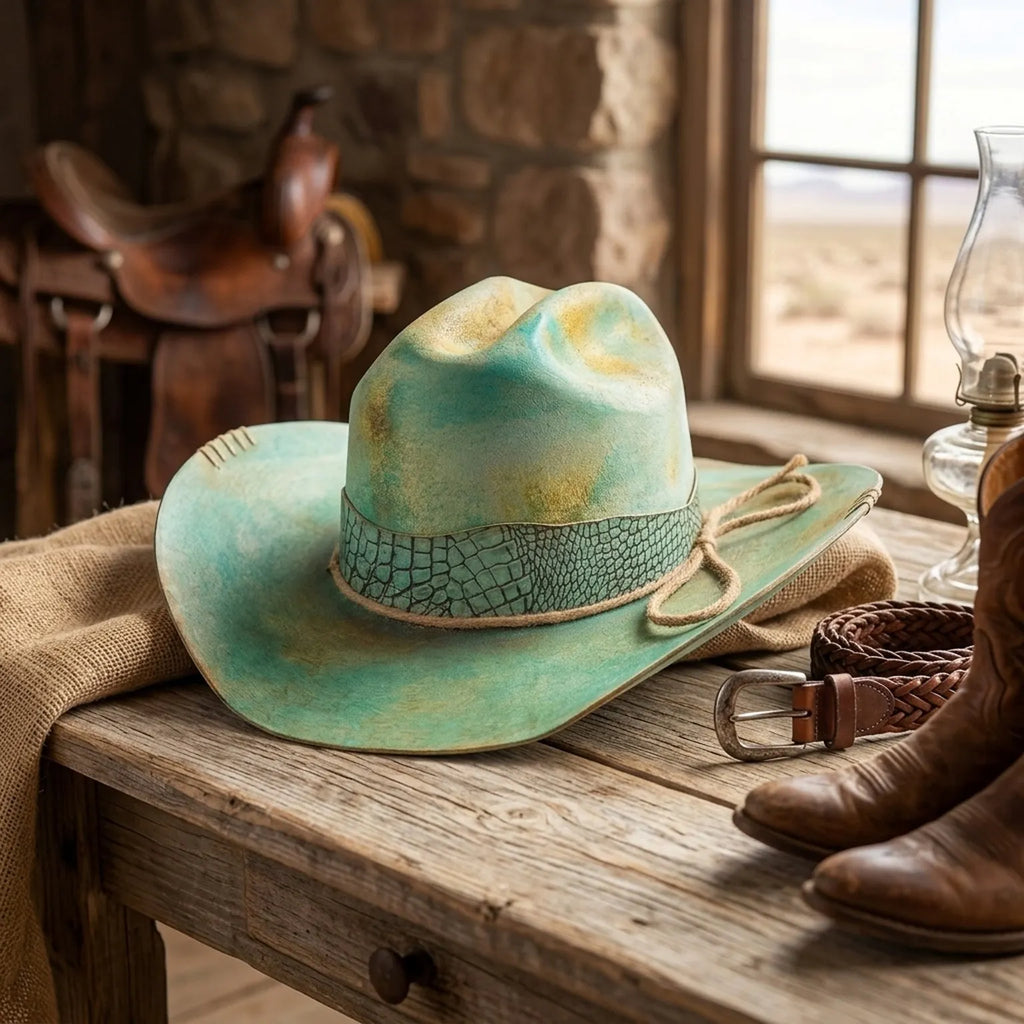 Turquoise Cowboy Hat with Crocodile Print Band and Rope Tie