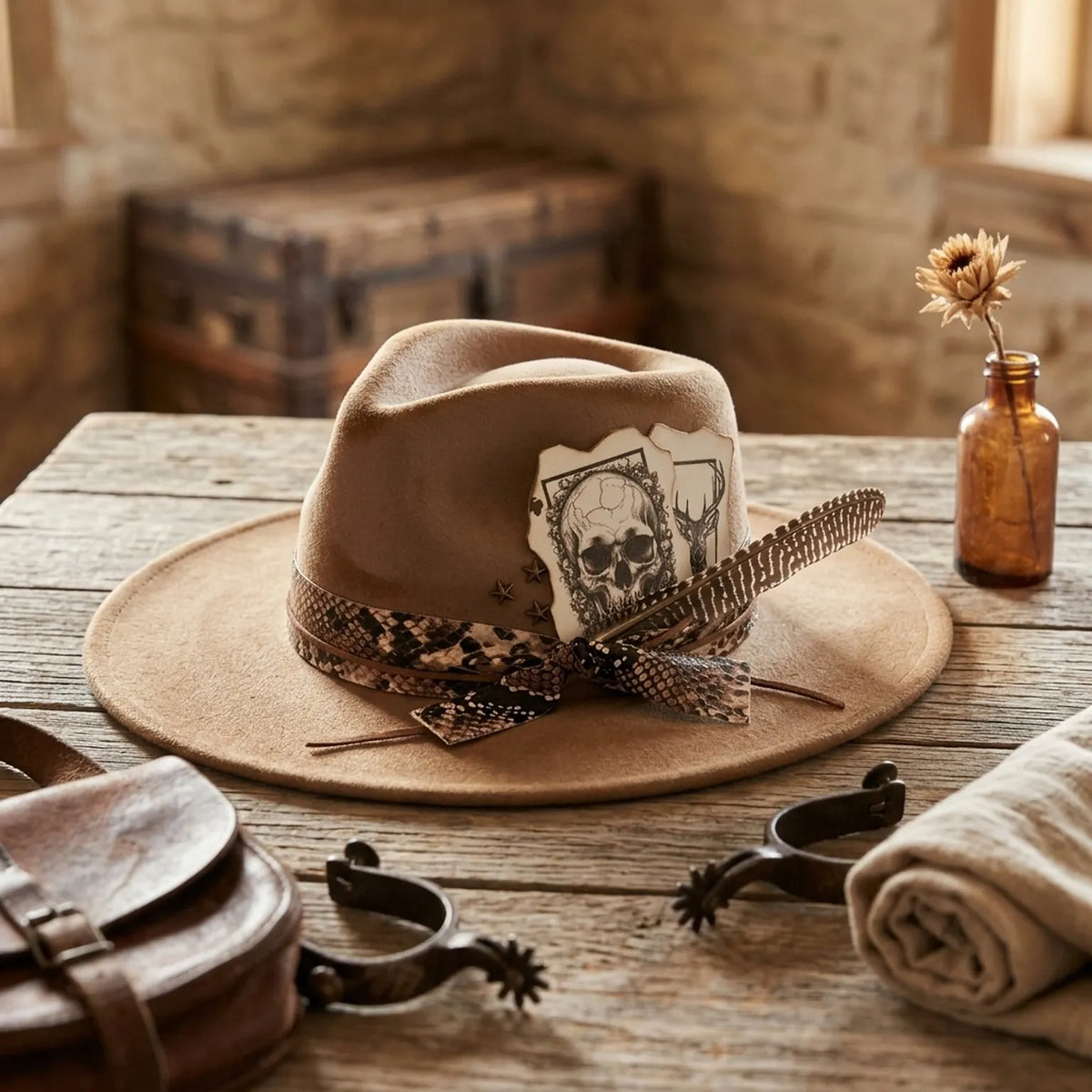 Tan Fedora Skull Playing Cards Snake Print Ribbon Feather Western