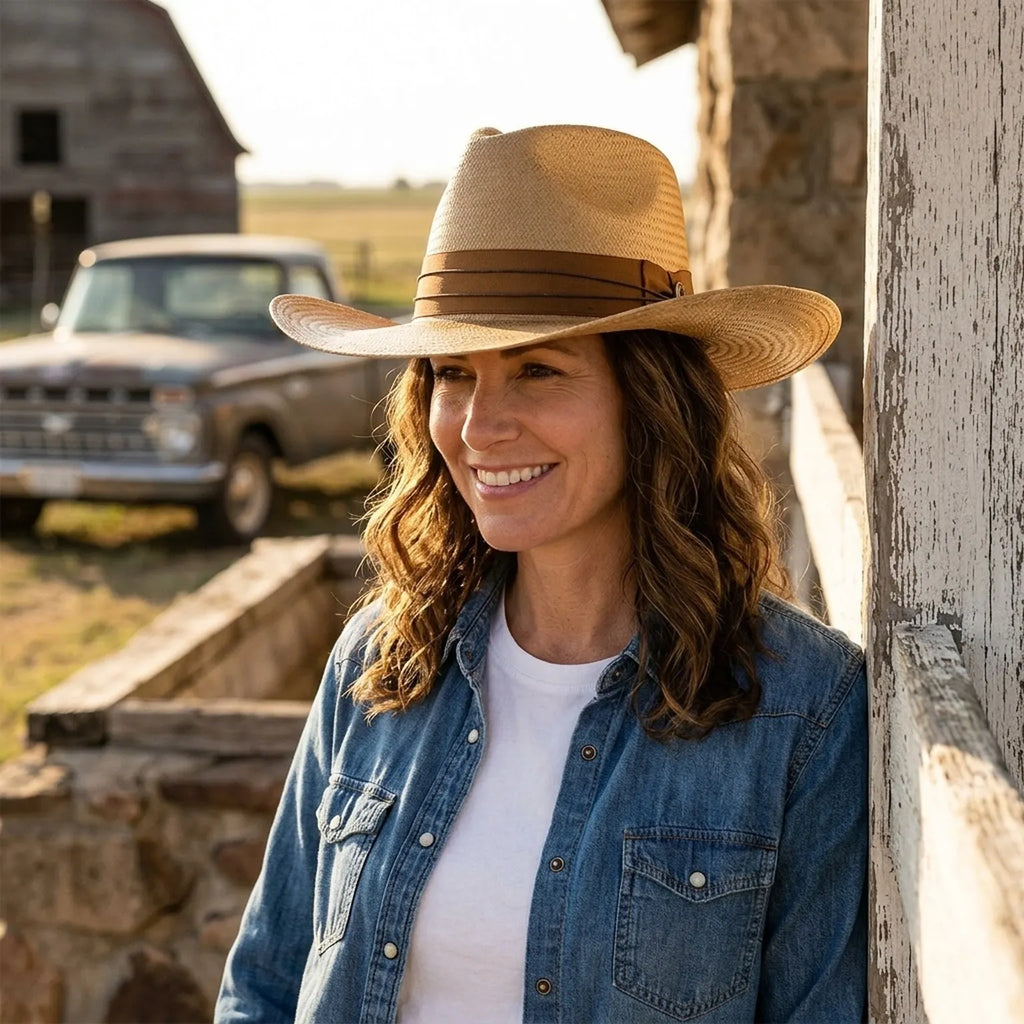 Tan Straw Floppy Sun Hat with Chin Tie and Wide Brim